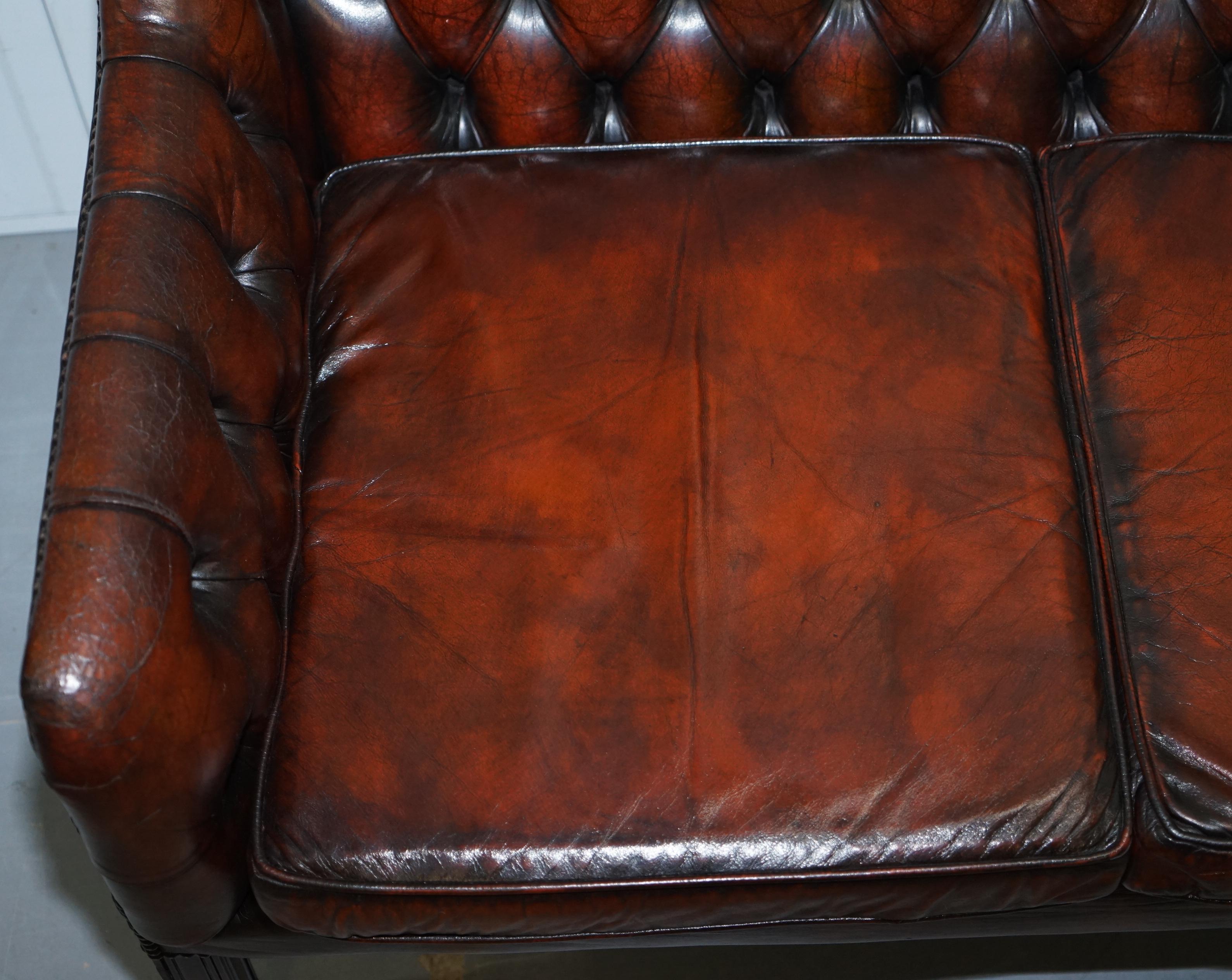 Vintage Restored Chesterfield Brown Leather Gun Suite 3-Seat Sofa and Armchair 2