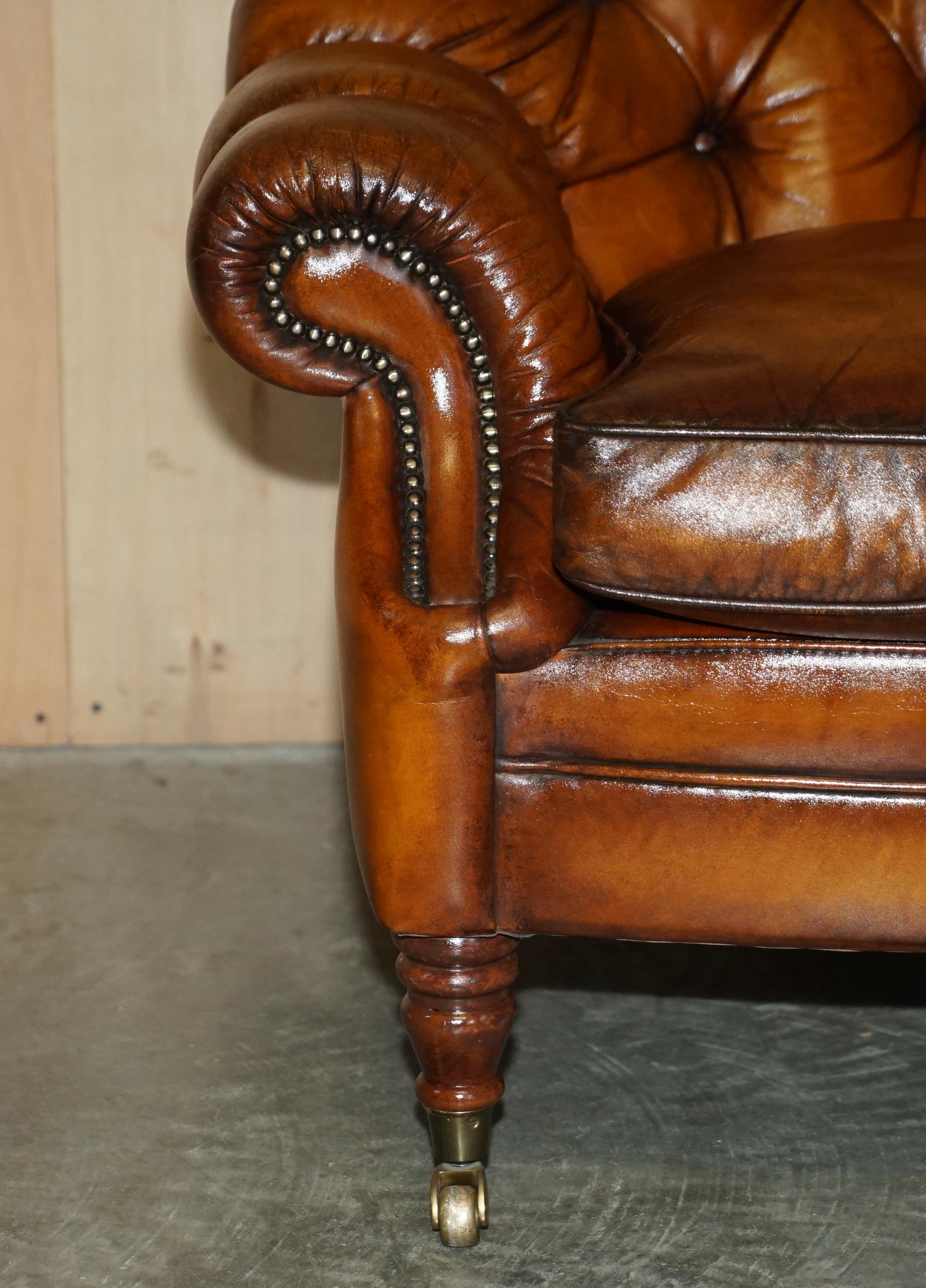 Vintage Restored Chesterfield Club Armchair & Footstool Hand Dyed Brown Leather 4