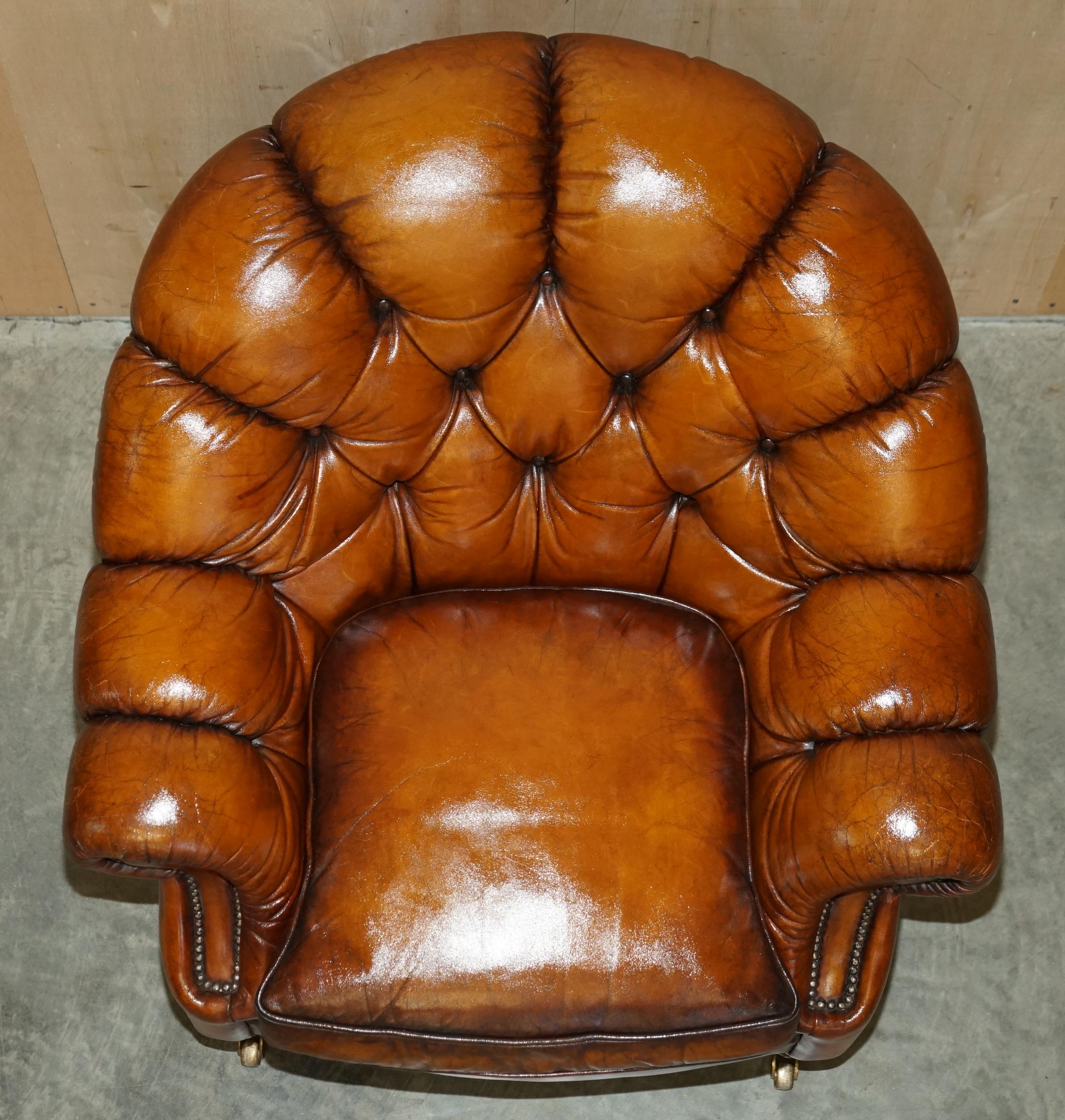 Vintage Restored Chesterfield Club Armchair & Footstool Hand Dyed Brown Leather 5