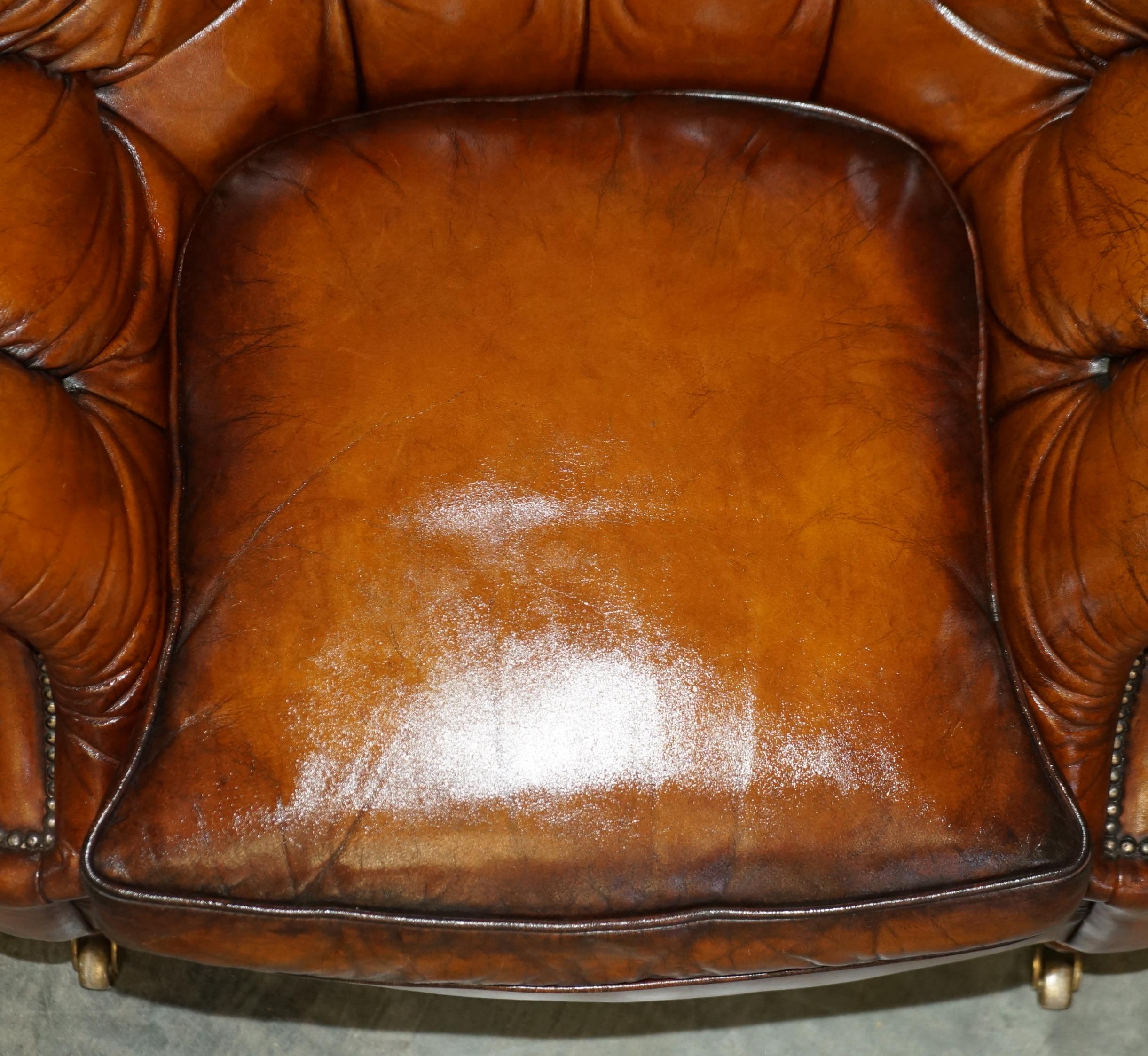 Vintage Restored Chesterfield Club Armchair & Footstool Hand Dyed Brown Leather 6