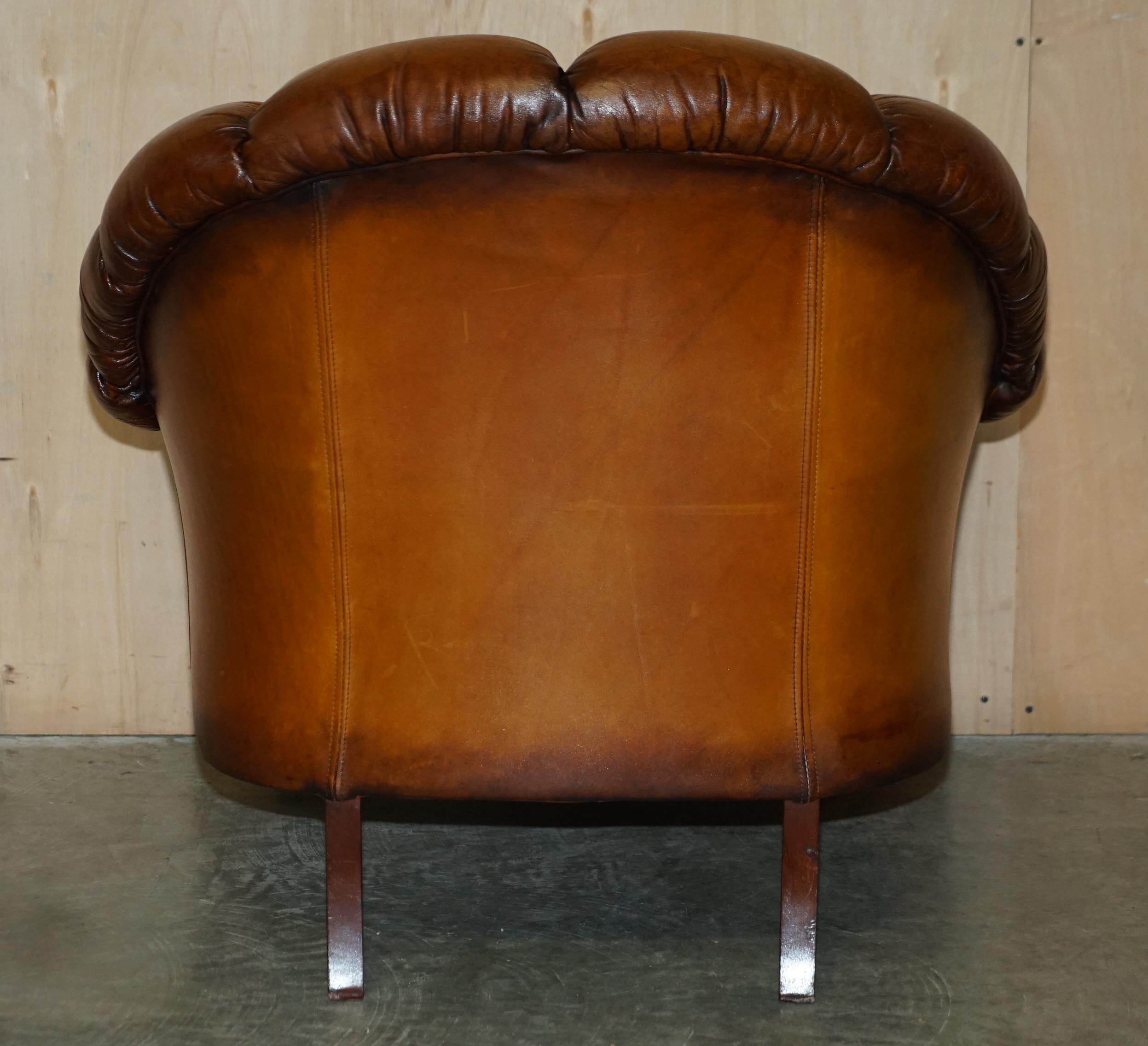 Vintage Restored Chesterfield Club Armchair & Footstool Hand Dyed Brown Leather 8