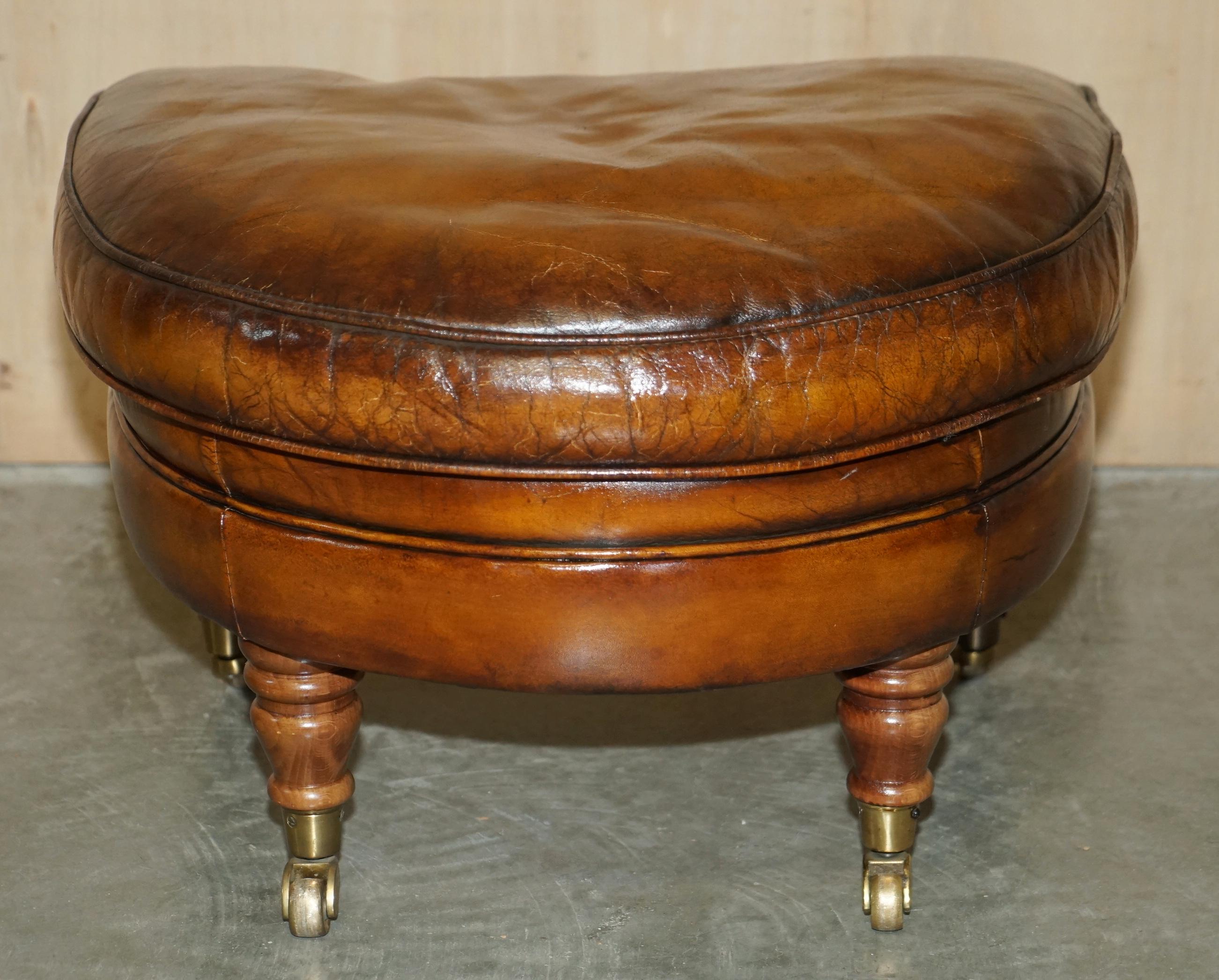 Vintage Restored Chesterfield Club Armchair & Footstool Hand Dyed Brown Leather 10