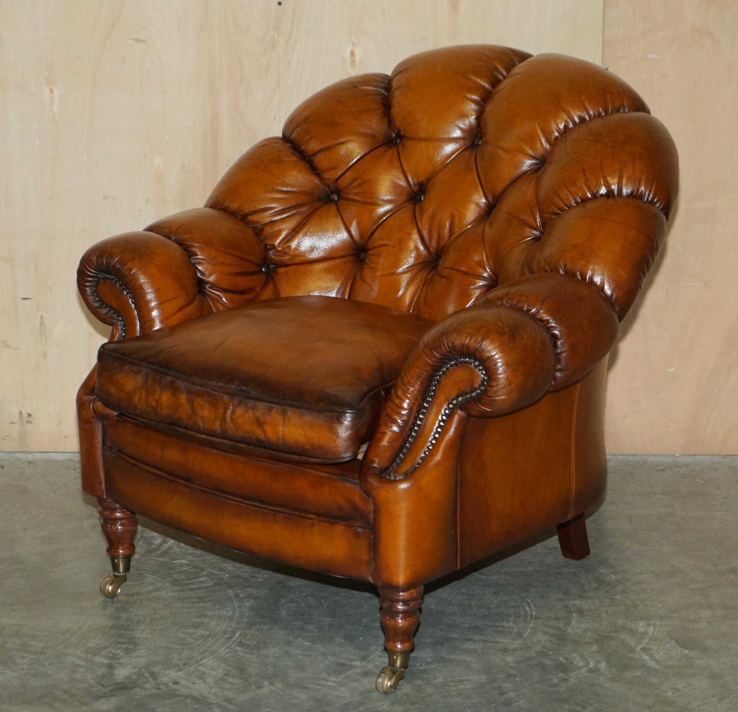 We are delighted to offer for sale this absolutely stunning, super comfortable hand dyed saddle brown leather club armchair with Chesterfield tufting and matching footstool

A very well made, decorative and extremely comfortable armchair and