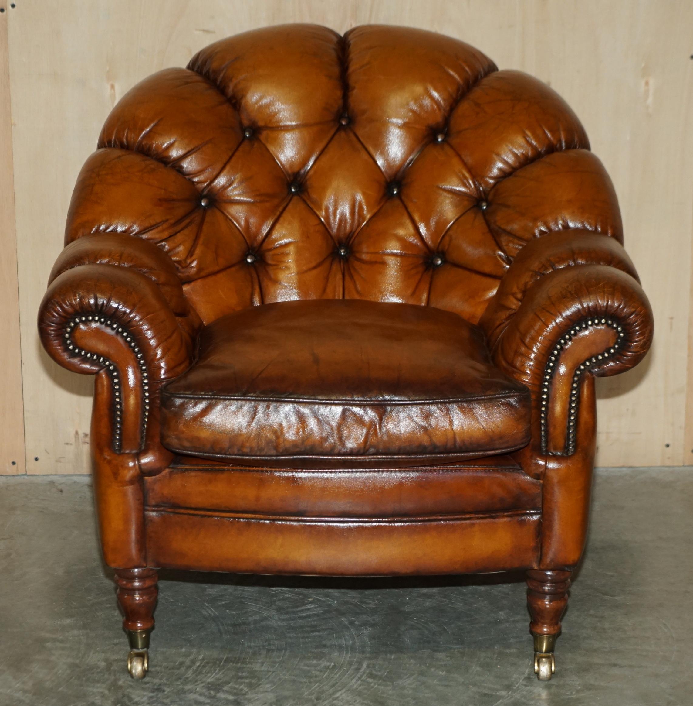 Art Deco Vintage Restored Chesterfield Club Armchair & Footstool Hand Dyed Brown Leather