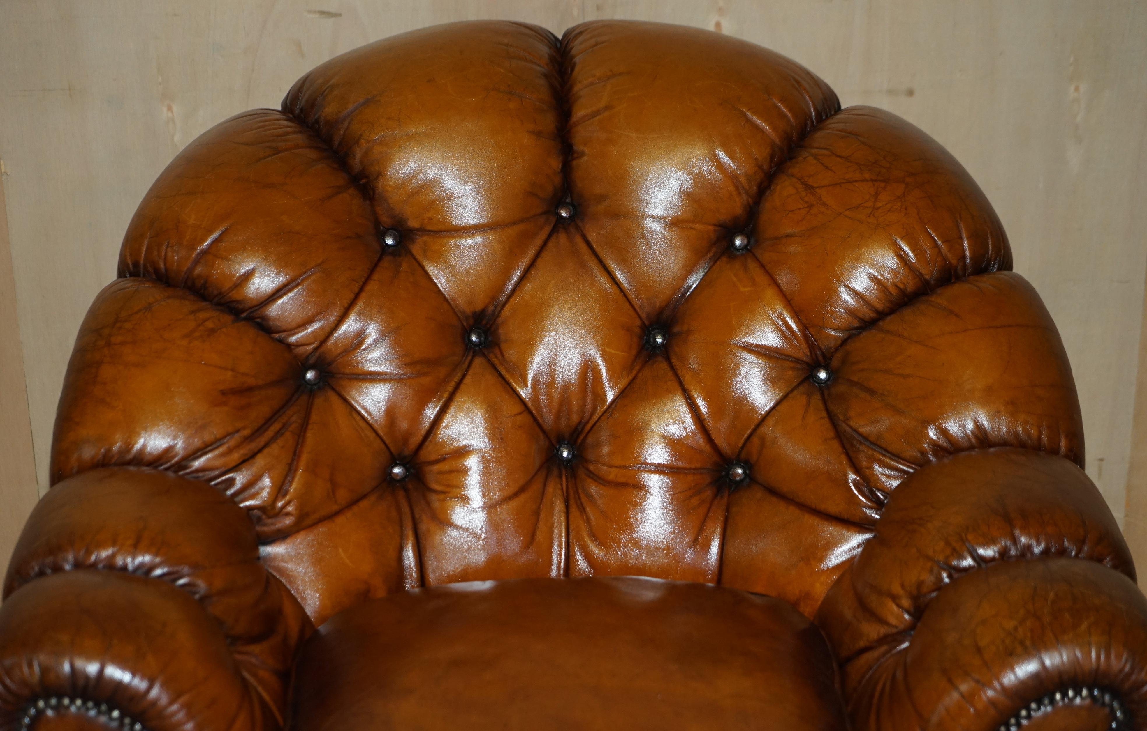 English Vintage Restored Chesterfield Club Armchair & Footstool Hand Dyed Brown Leather