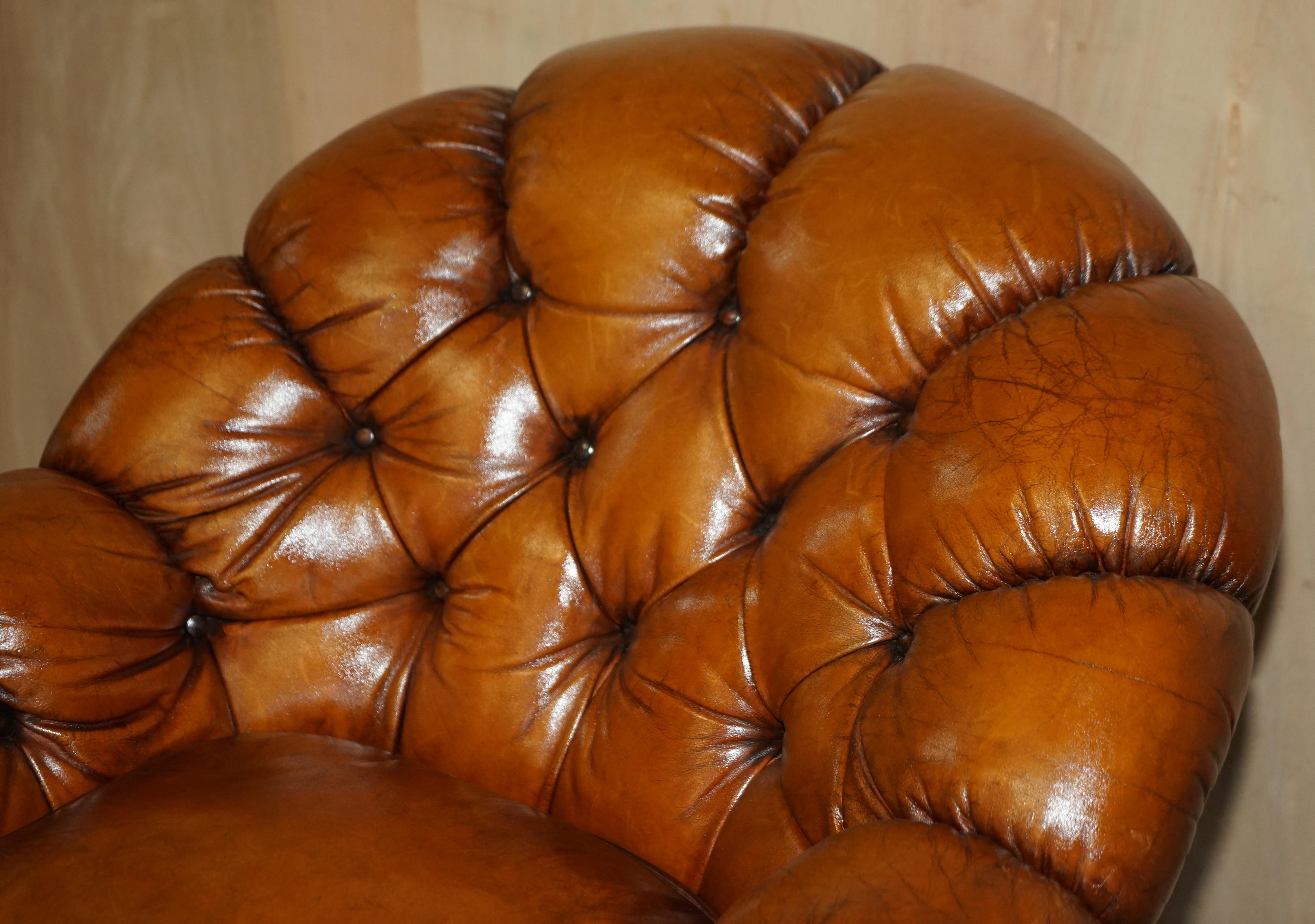 Hand-Crafted Vintage Restored Chesterfield Club Armchair & Footstool Hand Dyed Brown Leather