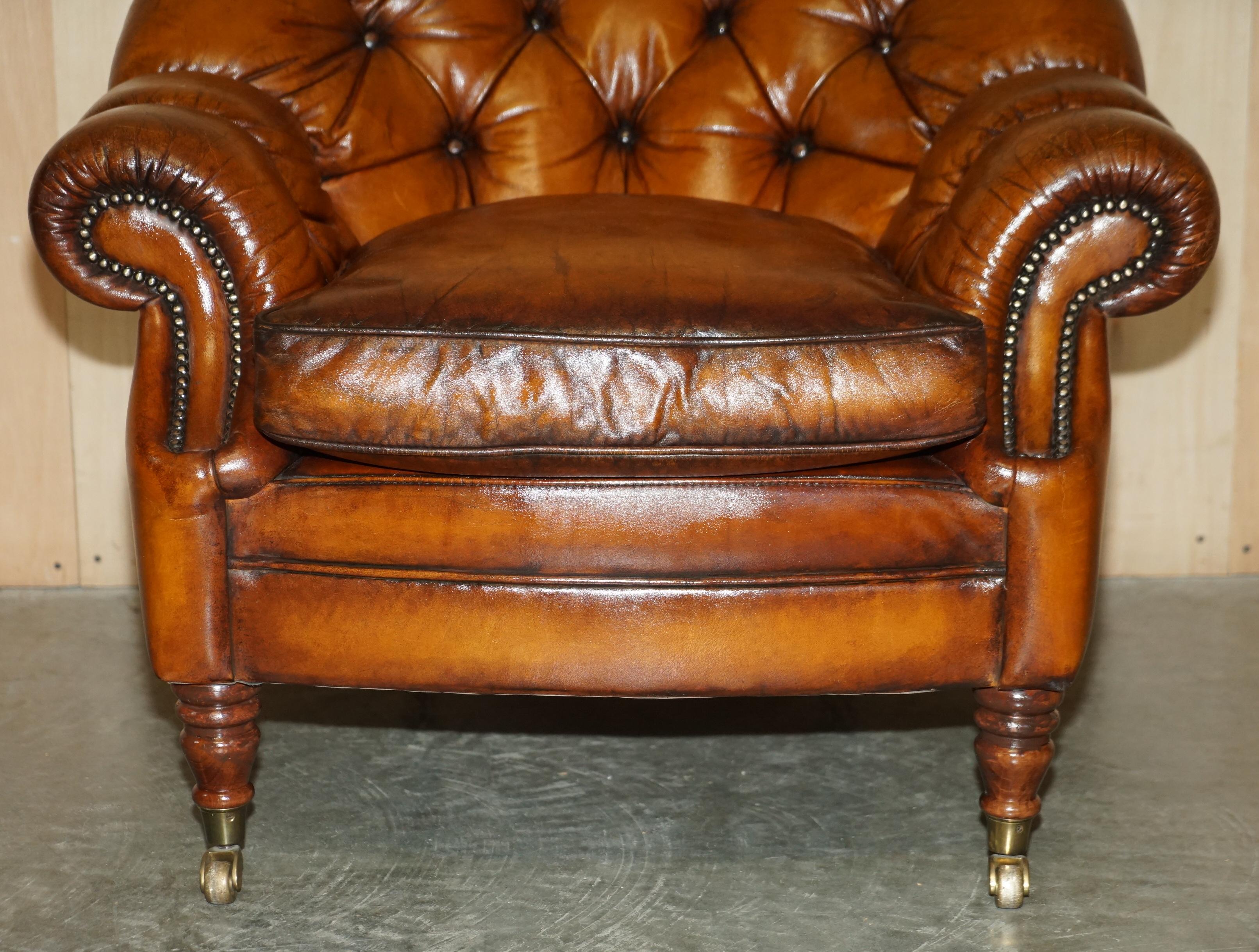 20th Century Vintage Restored Chesterfield Club Armchair & Footstool Hand Dyed Brown Leather