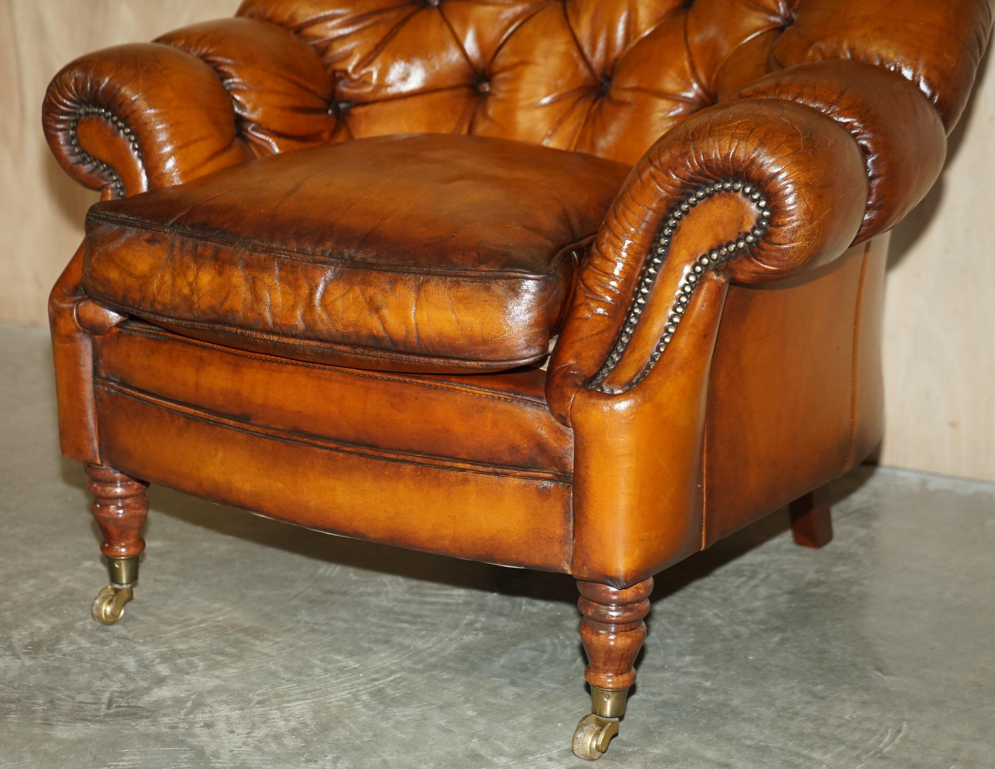 Vintage Restored Chesterfield Club Armchair & Footstool Hand Dyed Brown Leather 1