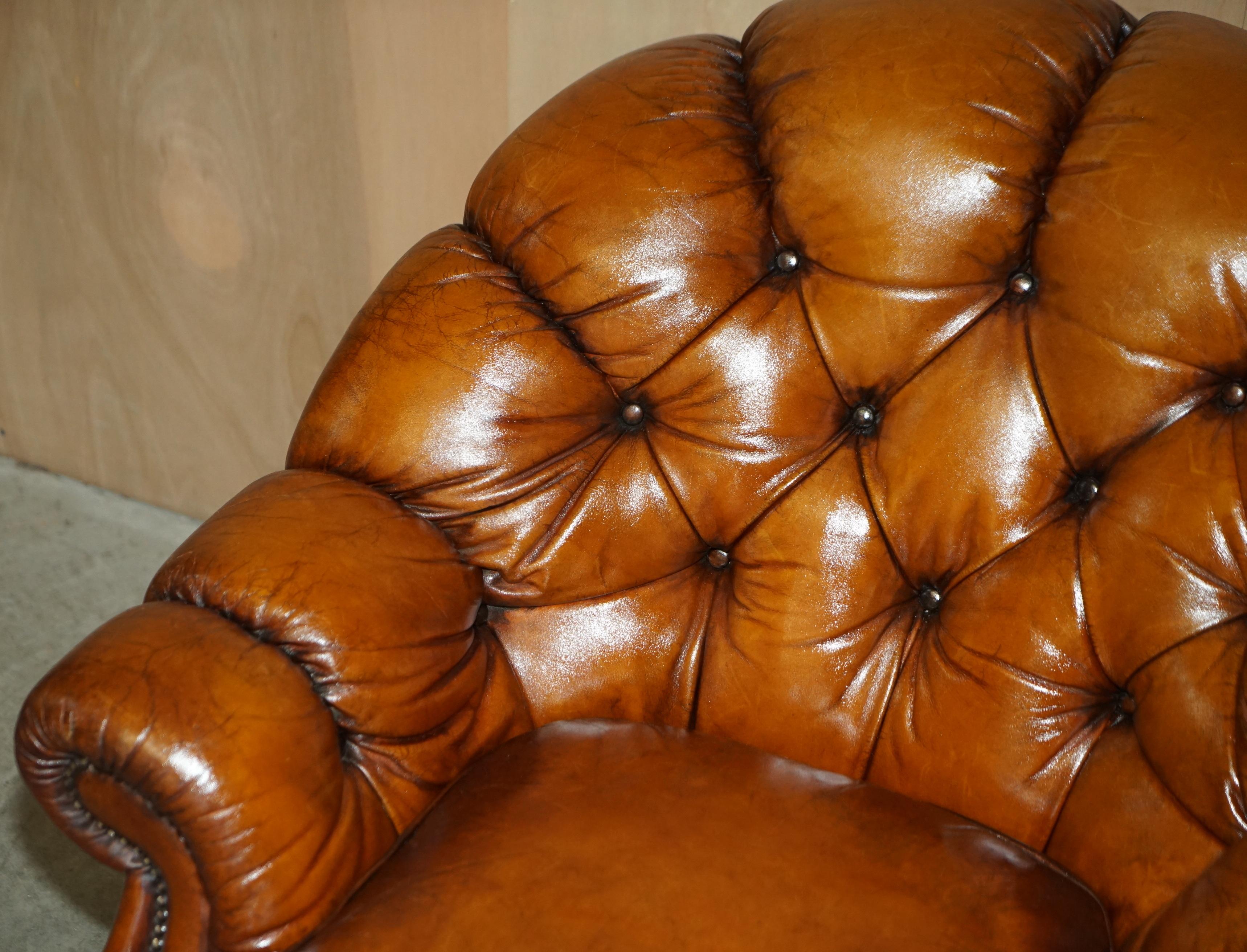 Vintage Restored Chesterfield Club Armchair & Footstool Hand Dyed Brown Leather 2