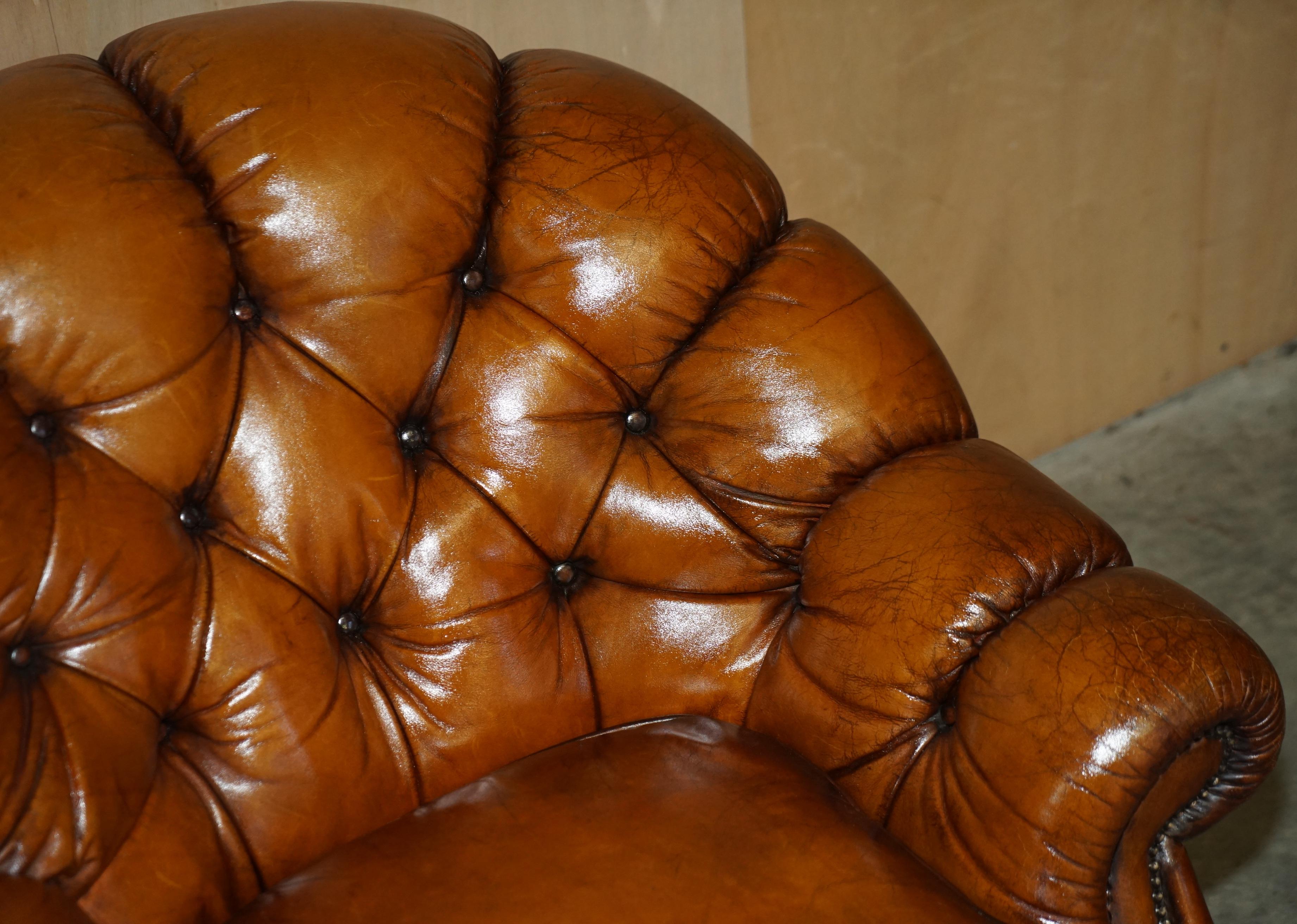 Vintage Restored Chesterfield Club Armchair & Footstool Hand Dyed Brown Leather 3