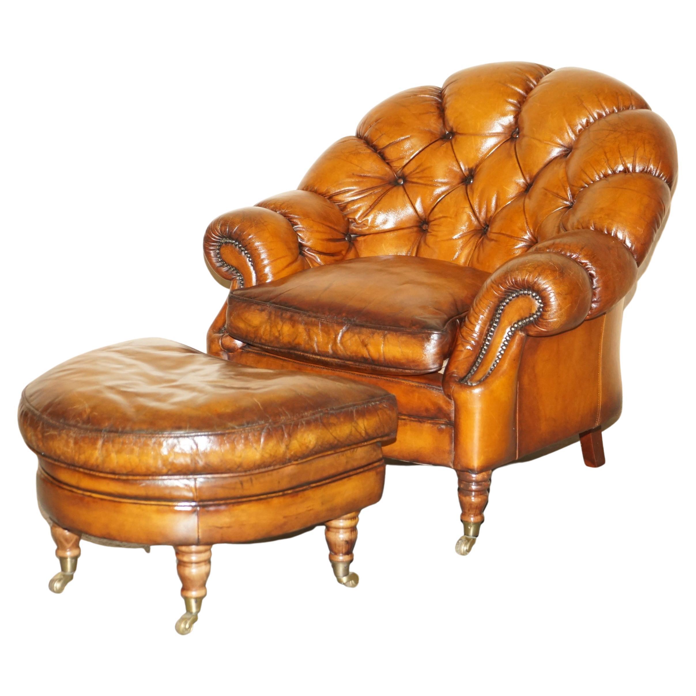 Vintage Restored Chesterfield Club Armchair & Footstool Hand Dyed Brown Leather