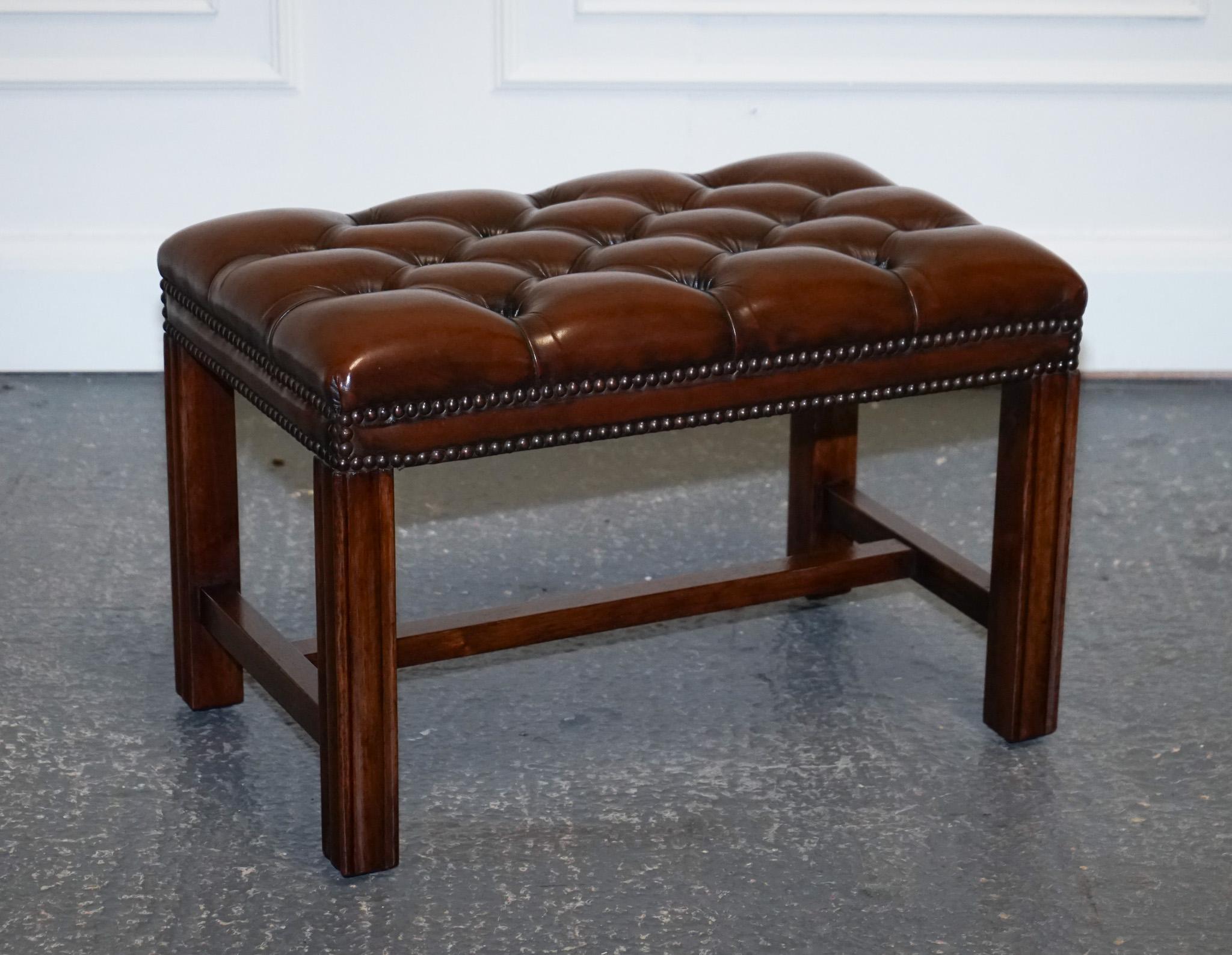 
We are delighted to offer for sale this Gorgeous Vintage Georgian Style Hand Dyed Leather Tufted Footstool.

A very good-looking and well-made stool, it has been hand dyed this nice whiskey brown colour, and the leather is held in place with