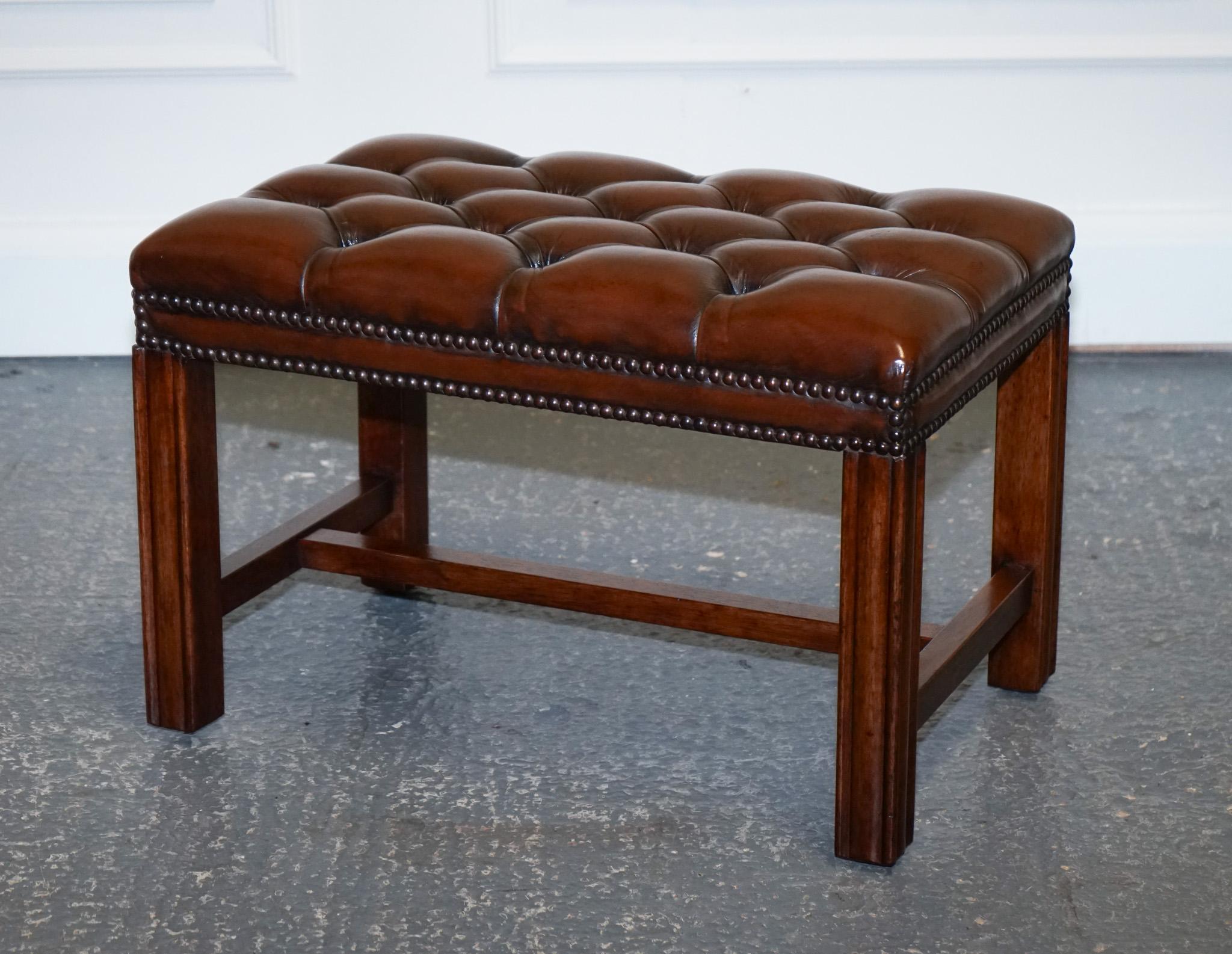 Hand-Crafted VINTAGE RESTORED CHESTERFiELD HAND DYED BROWN LEATHER TUFFED FOOTSTOOL (1/2) For Sale