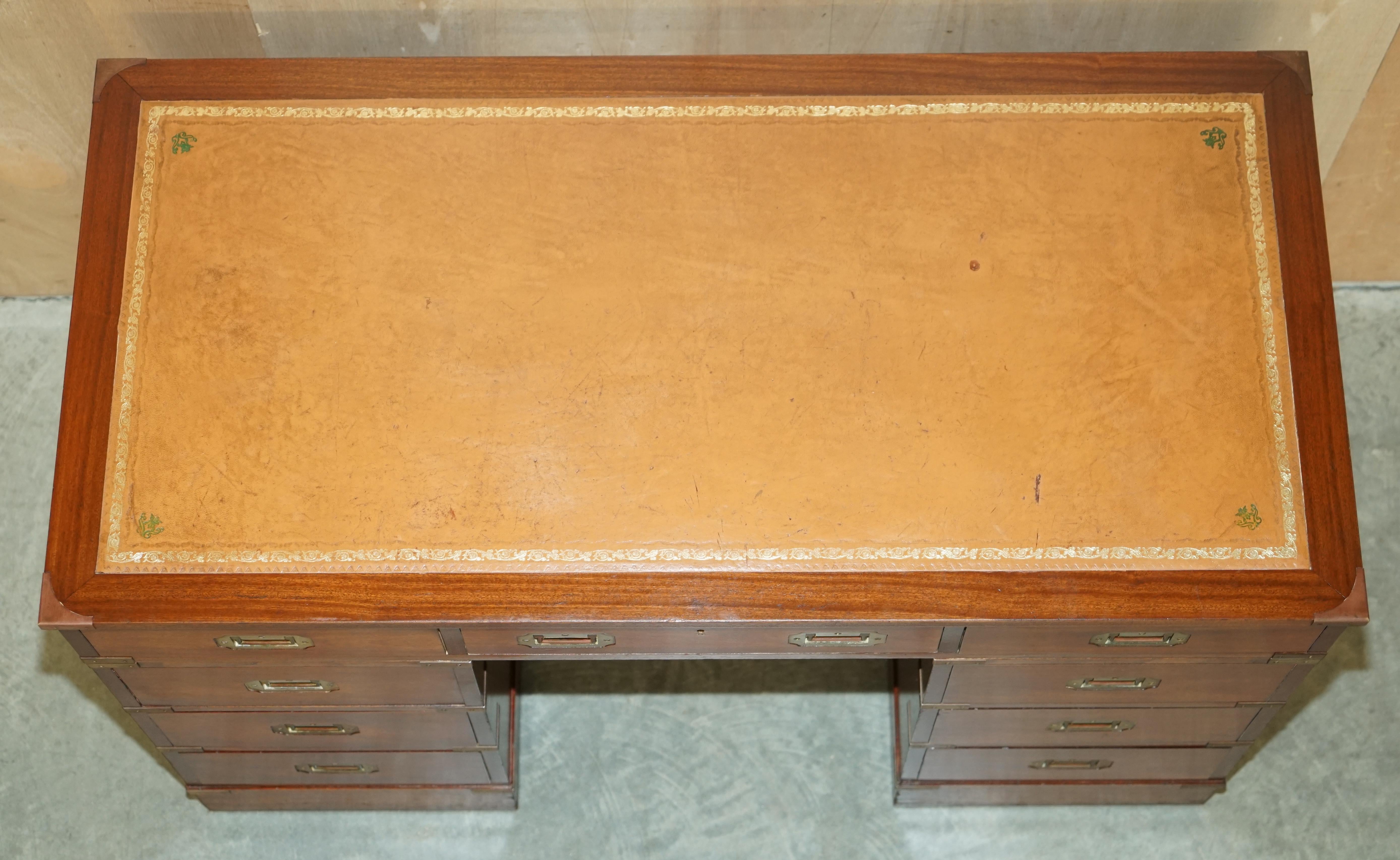 Vintage Restored Harrods Kennedy Brown Leather Military Campaign Pedestal Desk For Sale 5