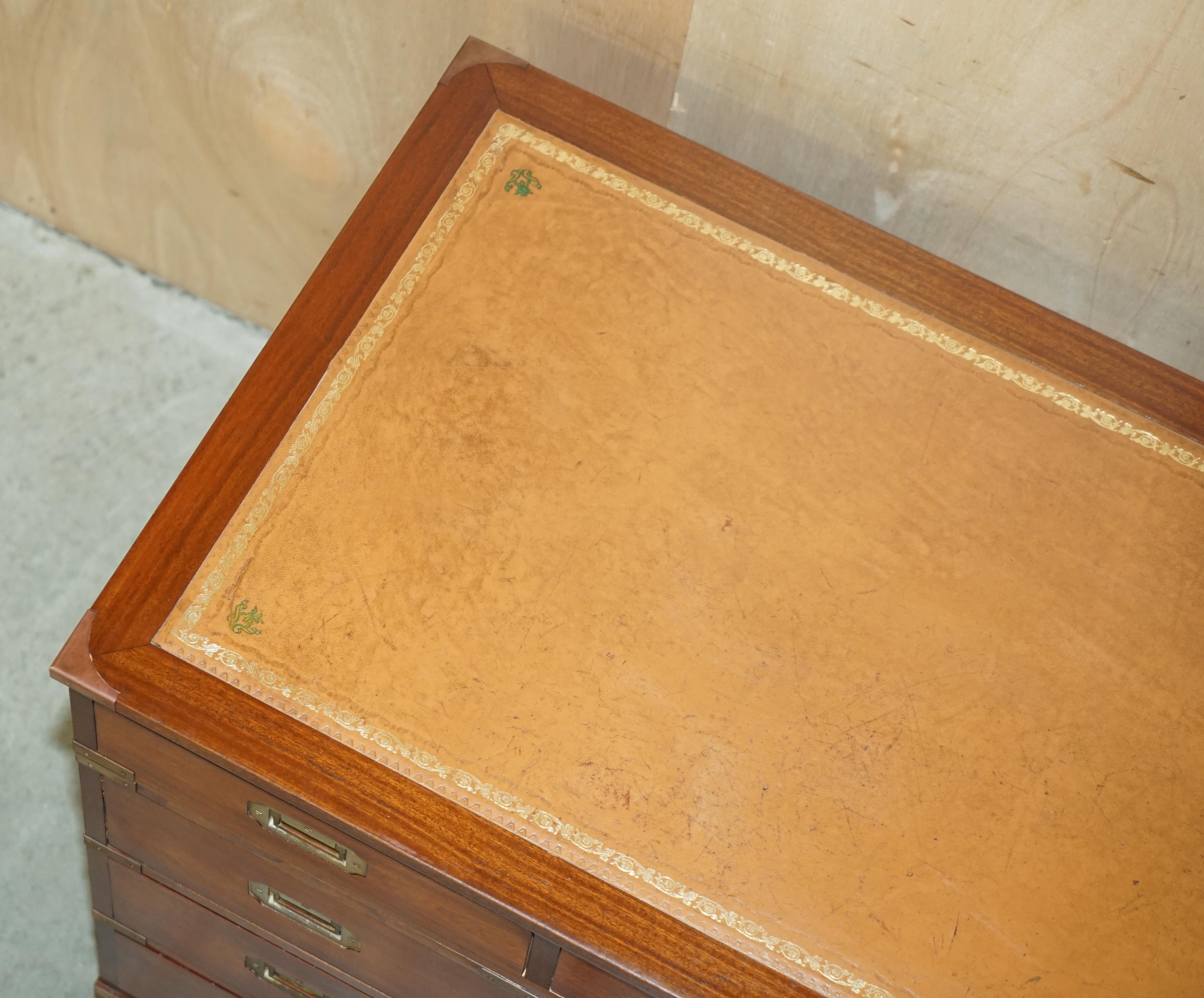 Vintage Restored Harrods Kennedy Brown Leather Military Campaign Pedestal Desk For Sale 6