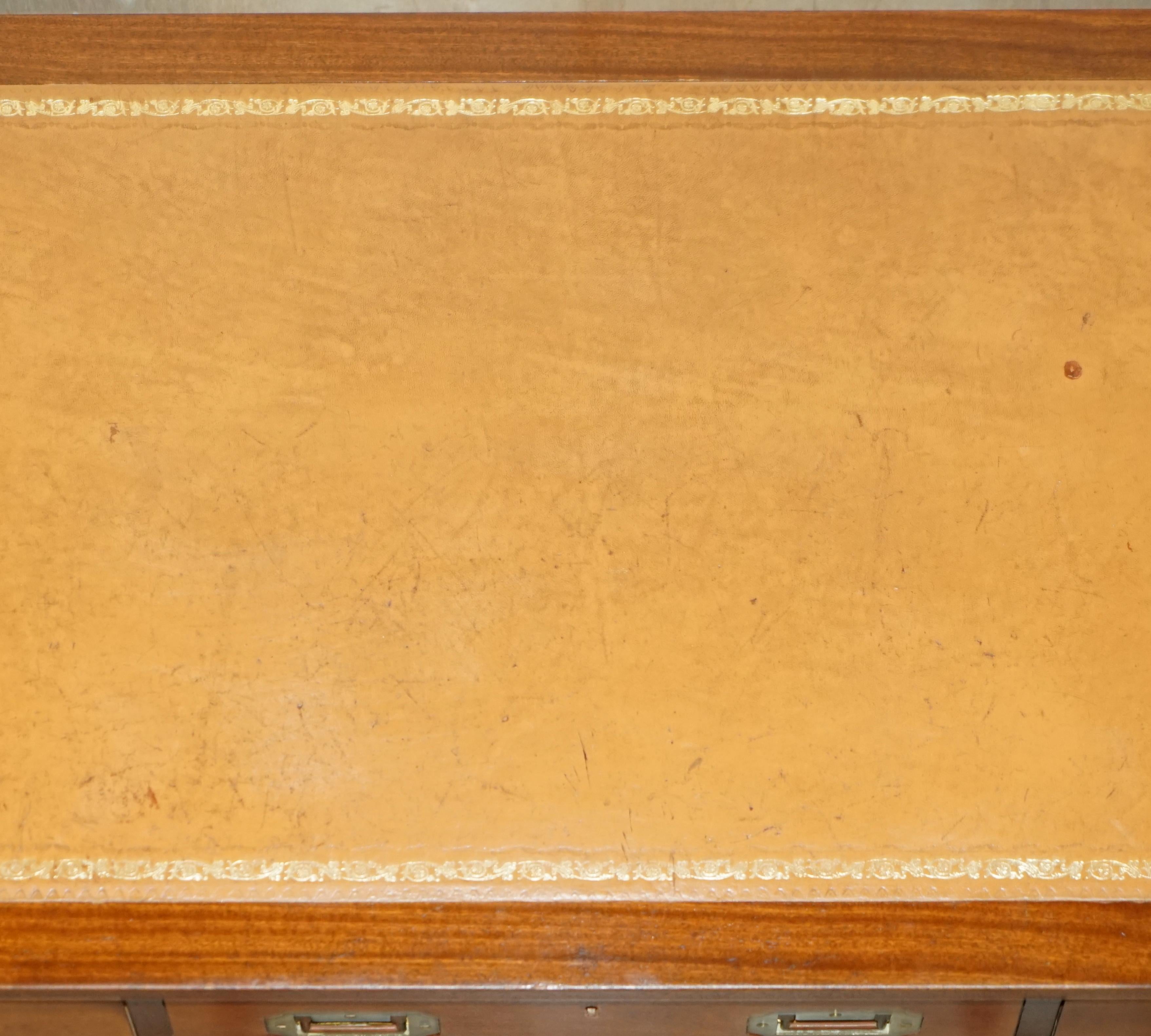 Vintage Restored Harrods Kennedy Brown Leather Military Campaign Pedestal Desk For Sale 7