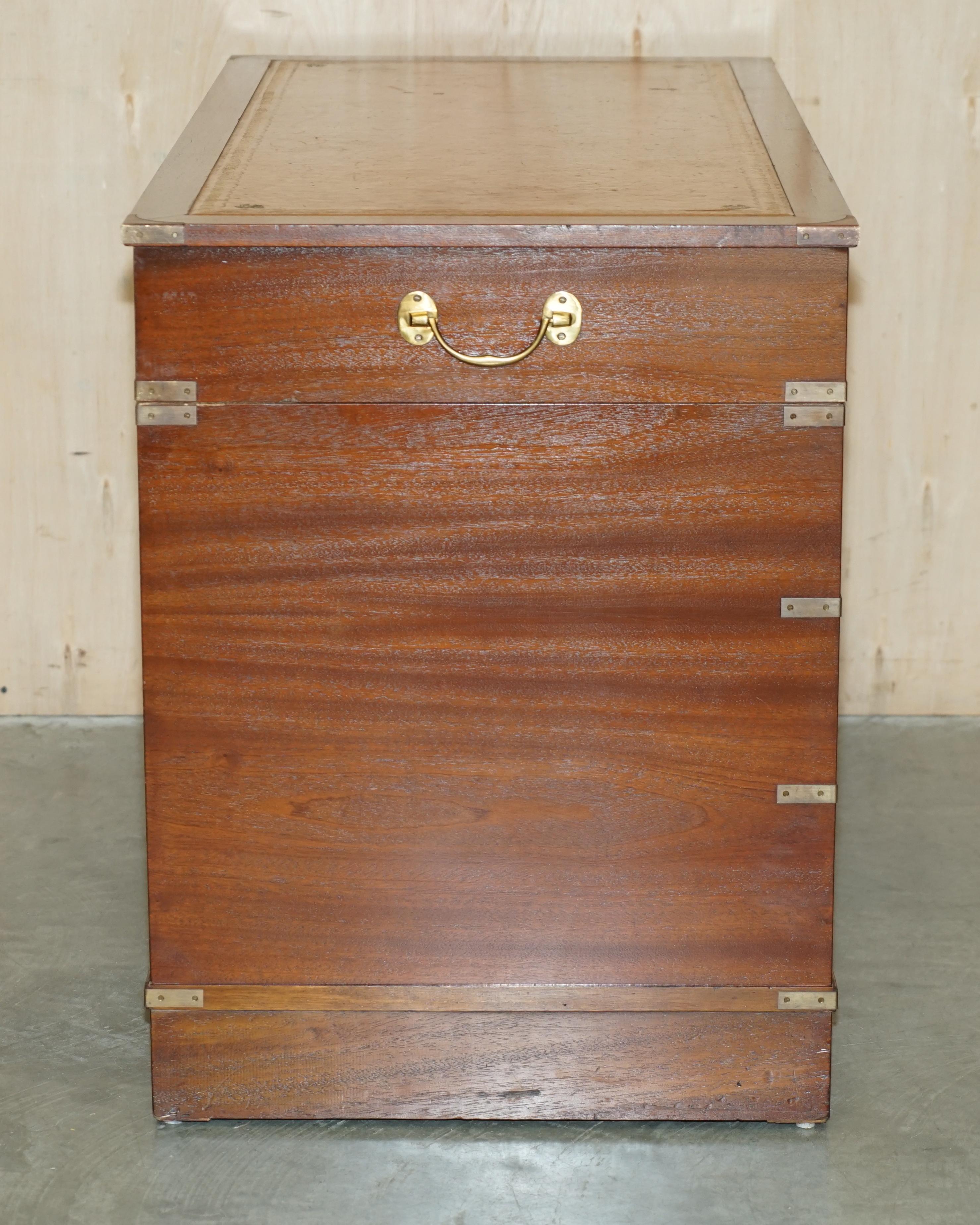 Vintage Restored Harrods Kennedy Brown Leather Military Campaign Pedestal Desk For Sale 9