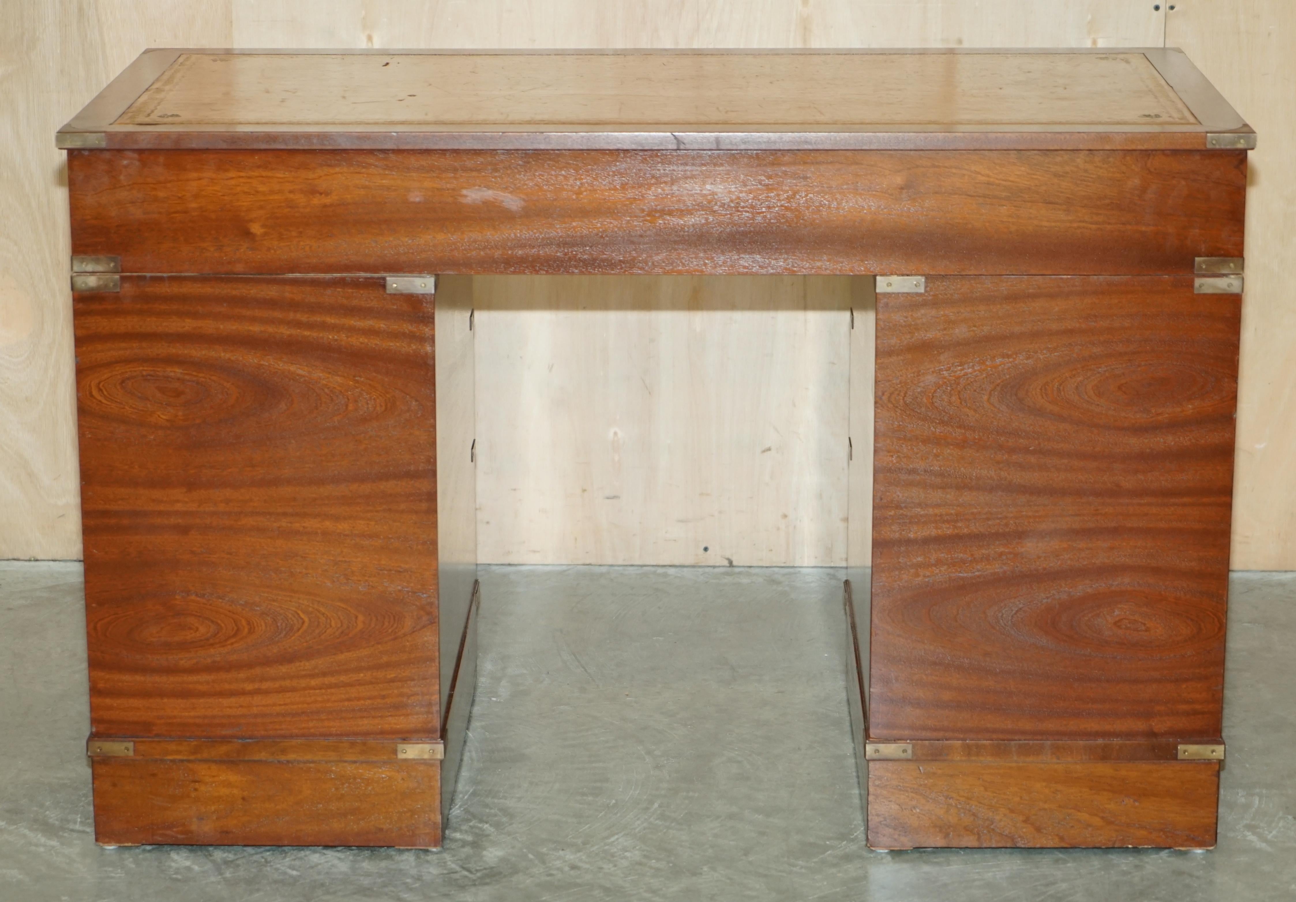 Vintage Restored Harrods Kennedy Brown Leather Military Campaign Pedestal Desk For Sale 10
