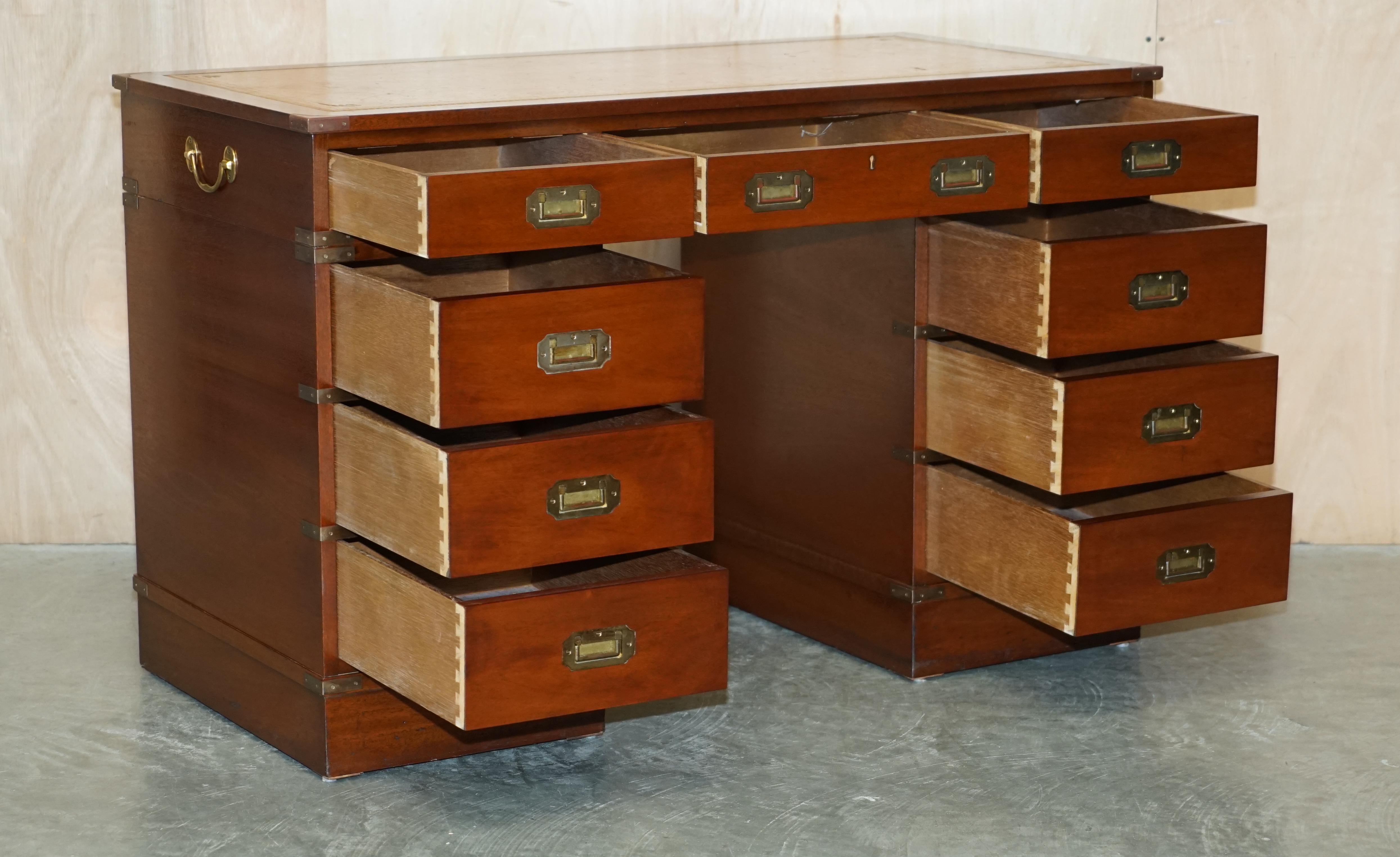 Vintage Restored Harrods Kennedy Brown Leather Military Campaign Pedestal Desk For Sale 11