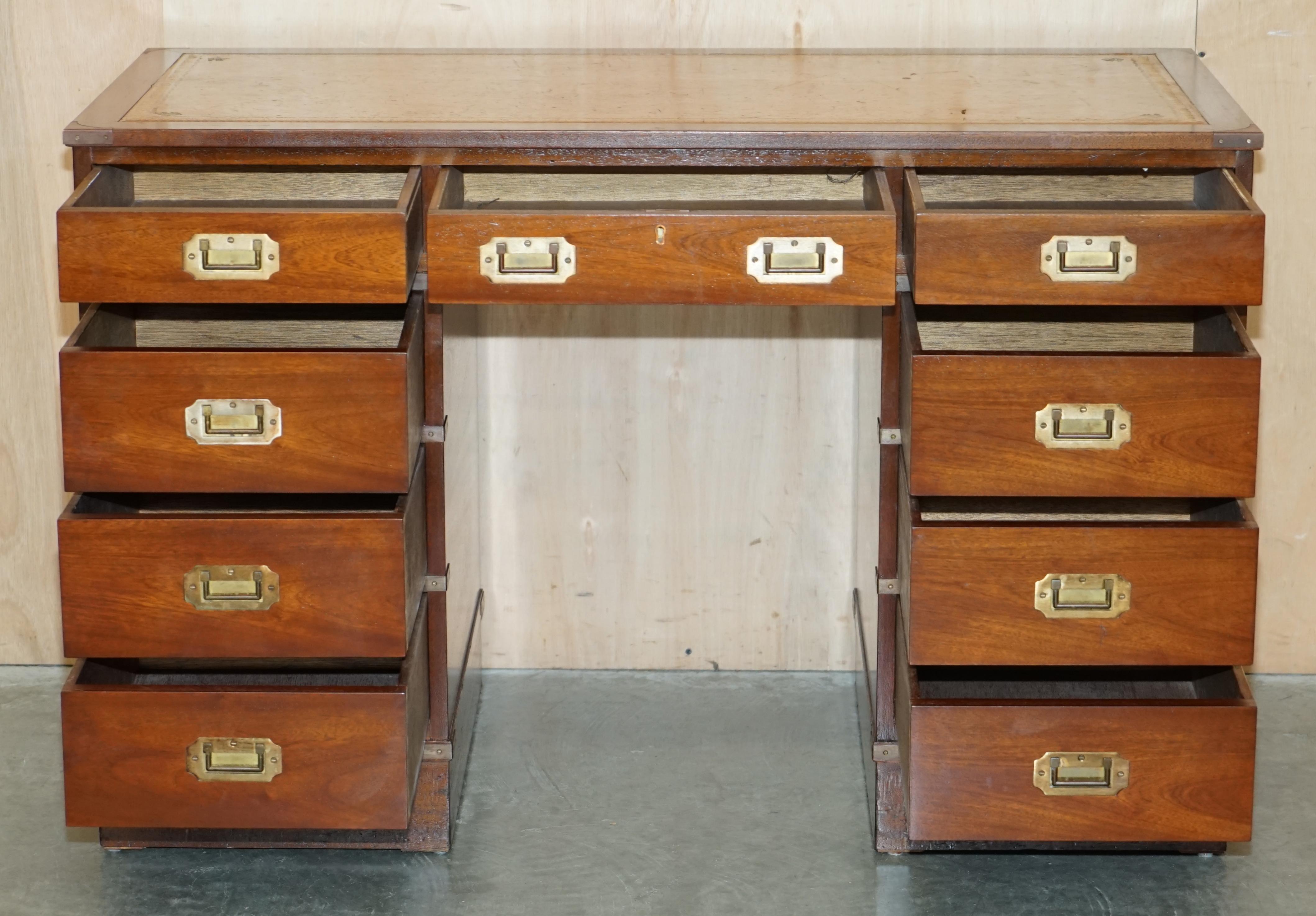 Vintage Restored Harrods Kennedy Brown Leather Military Campaign Pedestal Desk For Sale 12