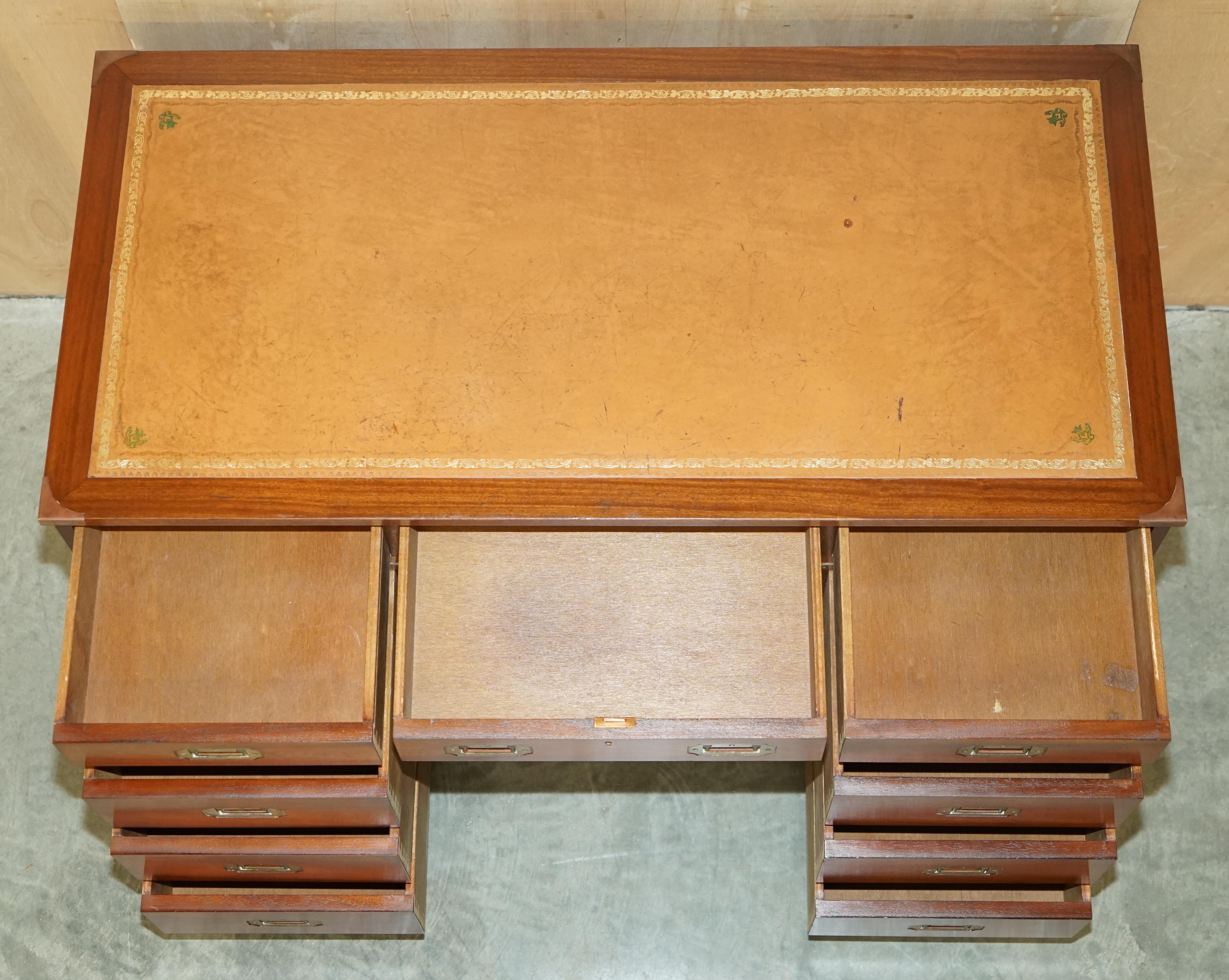 Vintage Restored Harrods Kennedy Brown Leather Military Campaign Pedestal Desk For Sale 13