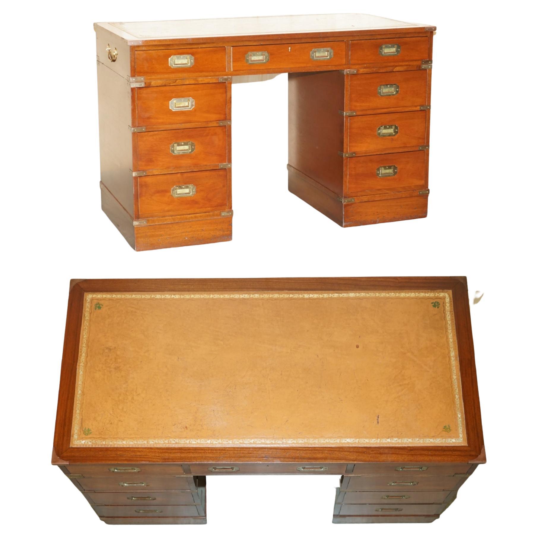 Vintage Restored Harrods Kennedy Brown Leather Military Campaign Pedestal Desk For Sale