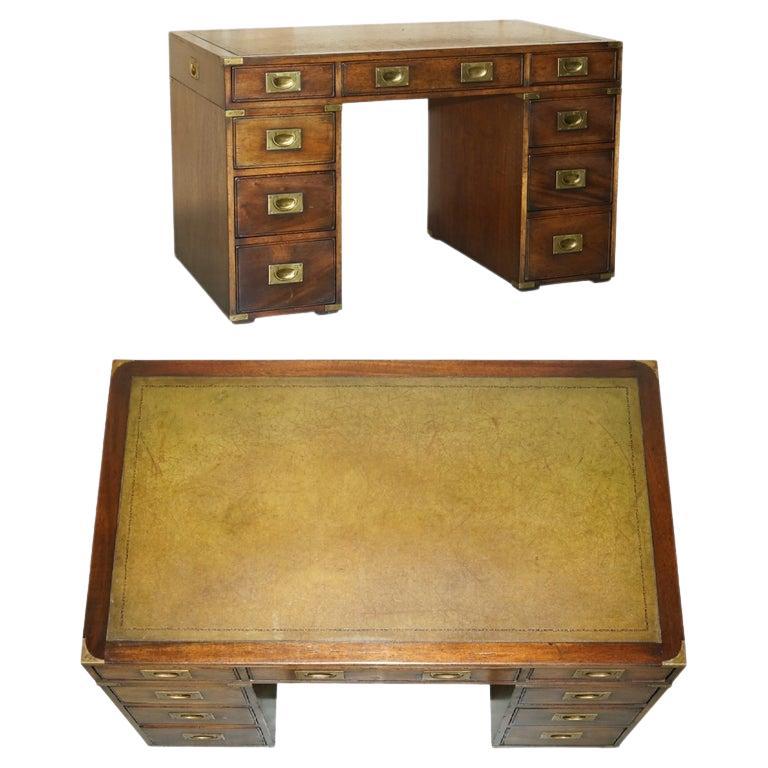 ViNTAGE RESTORED HARRODS KENNEDY GREEN LEATHER MILITARY CAMPAIGN PEDESTAL DESK For Sale