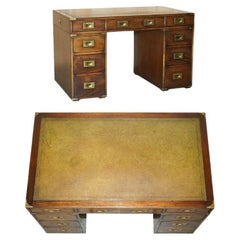 ViNTAGE RESTORED HARRODS KENNEDY GREEN LEATHER MILITARY CAMPAIGN PEDESTAL DESK