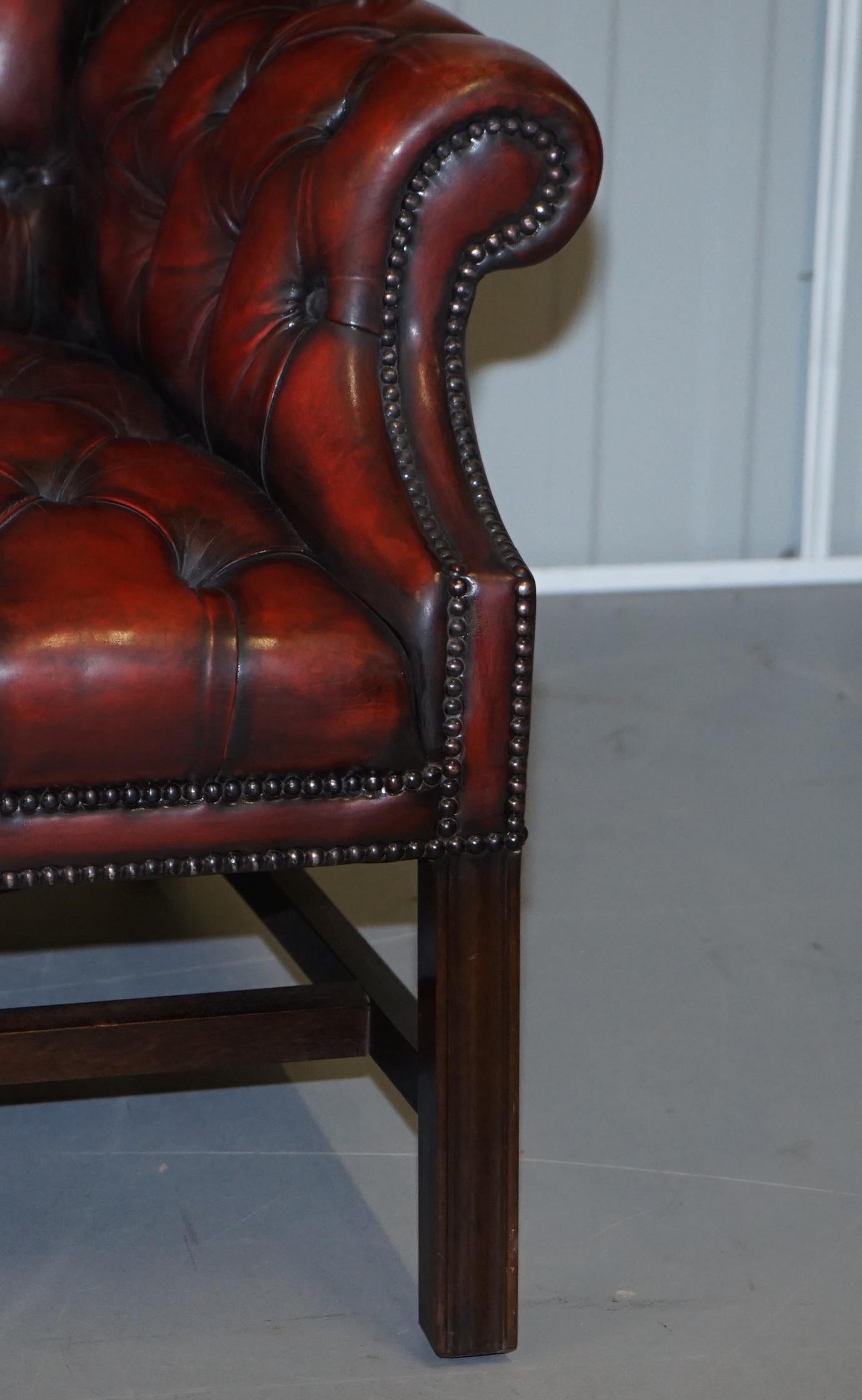 Vintage Restored Oxblood Leather Fully Tufted Chesterfield Wingback Armchair 2