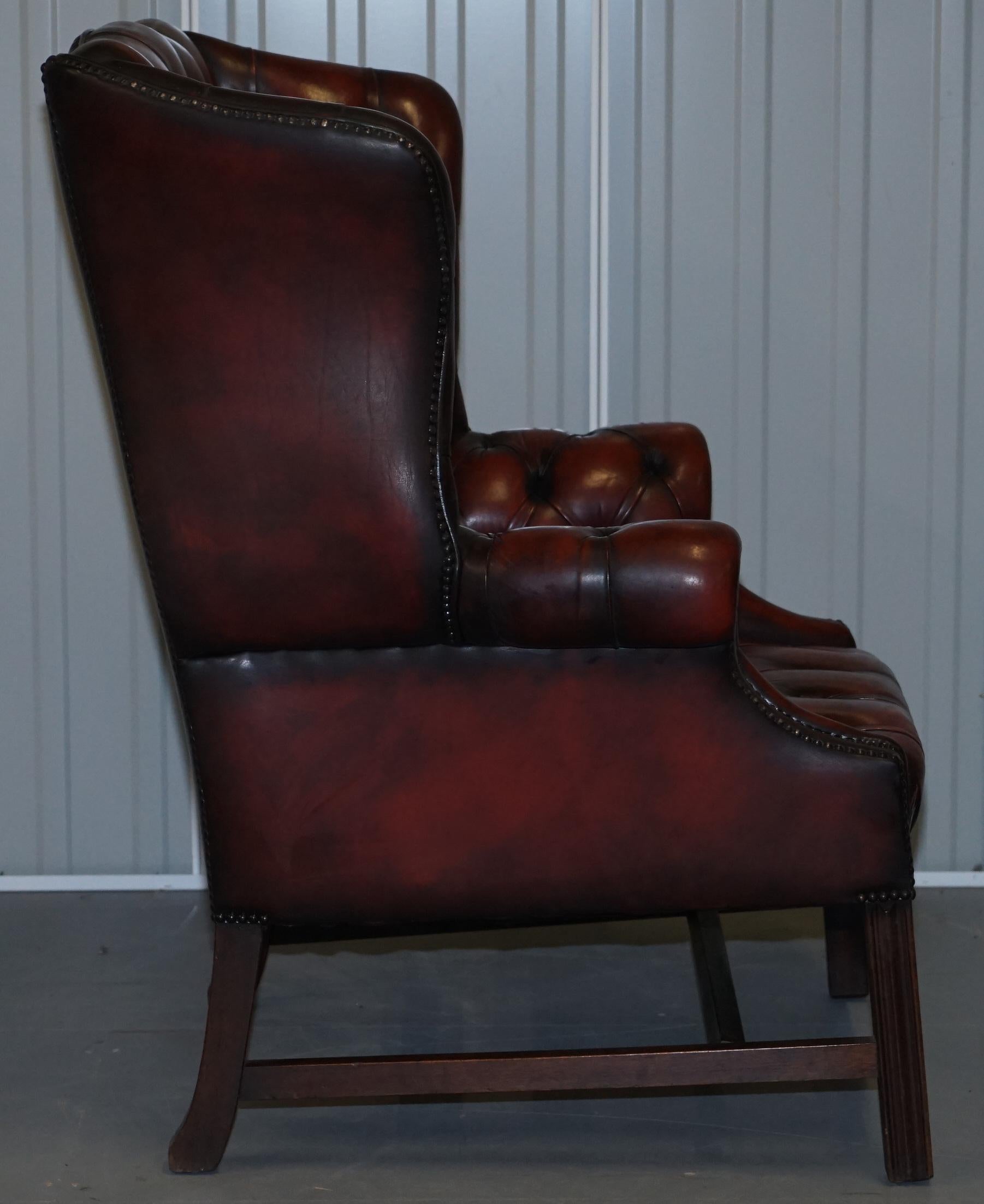 Vintage Restored Oxblood Leather Fully Tufted Chesterfield Wingback Armchair 3