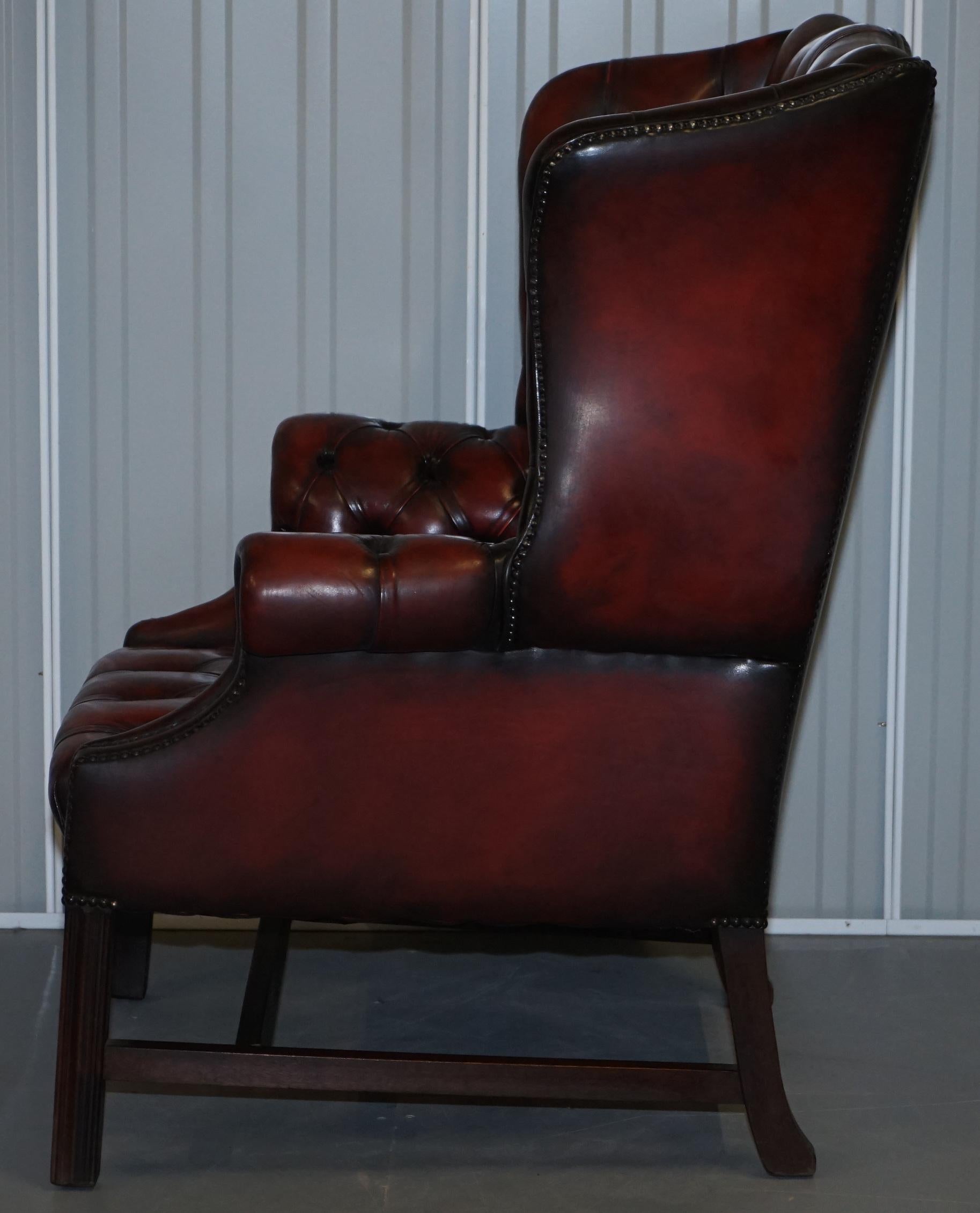 Vintage Restored Oxblood Leather Fully Tufted Chesterfield Wingback Armchair 7