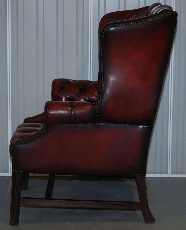 Vintage Restored Oxblood Leather Fully Tufted Chesterfield Wingback