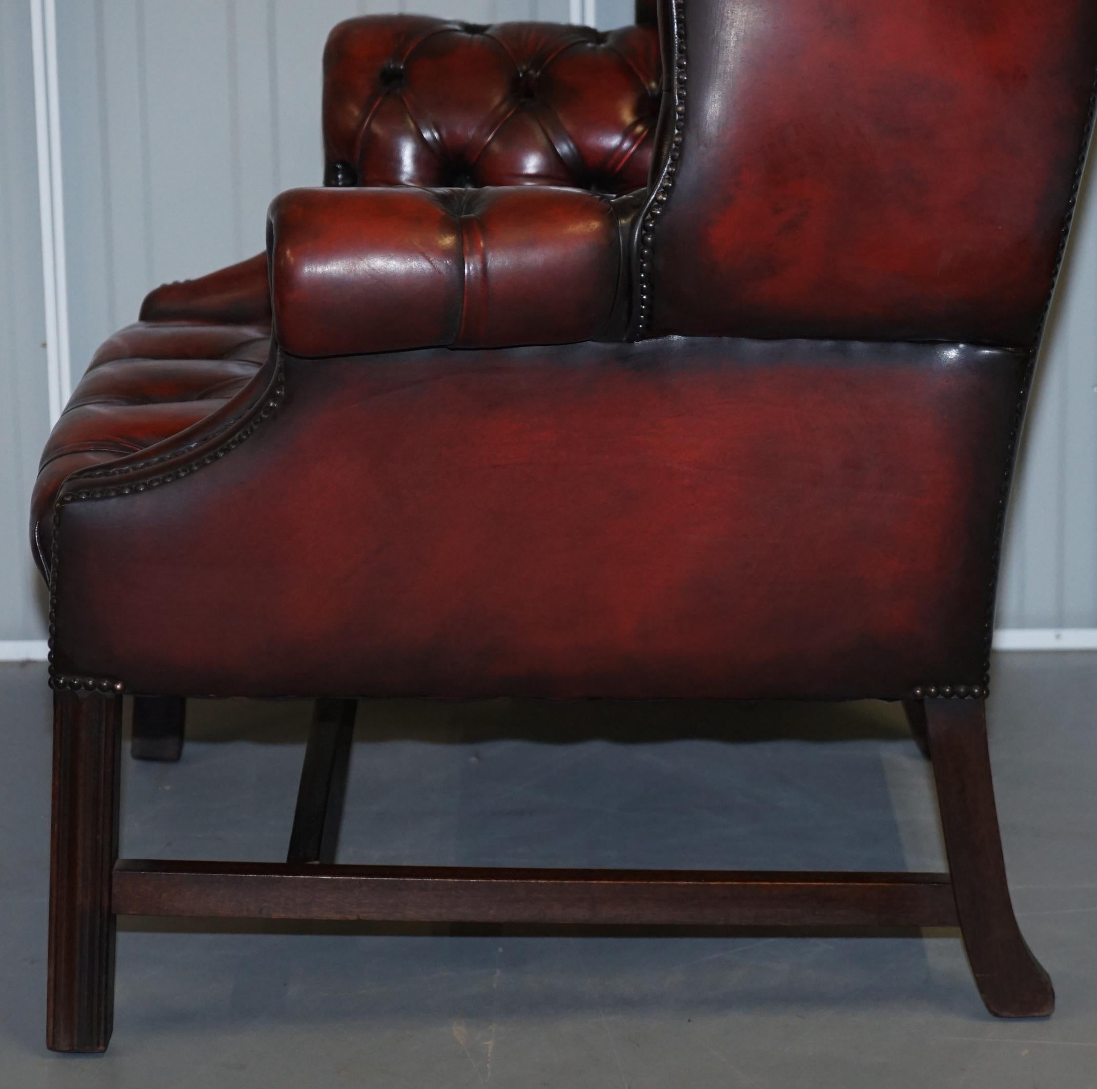 Vintage Restored Oxblood Leather Fully Tufted Chesterfield Wingback Armchair 8