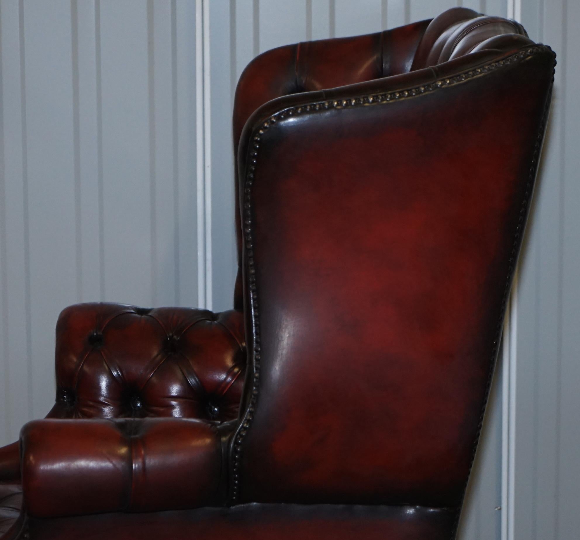 Vintage Restored Oxblood Leather Fully Tufted Chesterfield Wingback Armchair 9