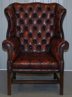Vintage Restored Oxblood Leather Fully Tufted Chesterfield Wingback Armchair