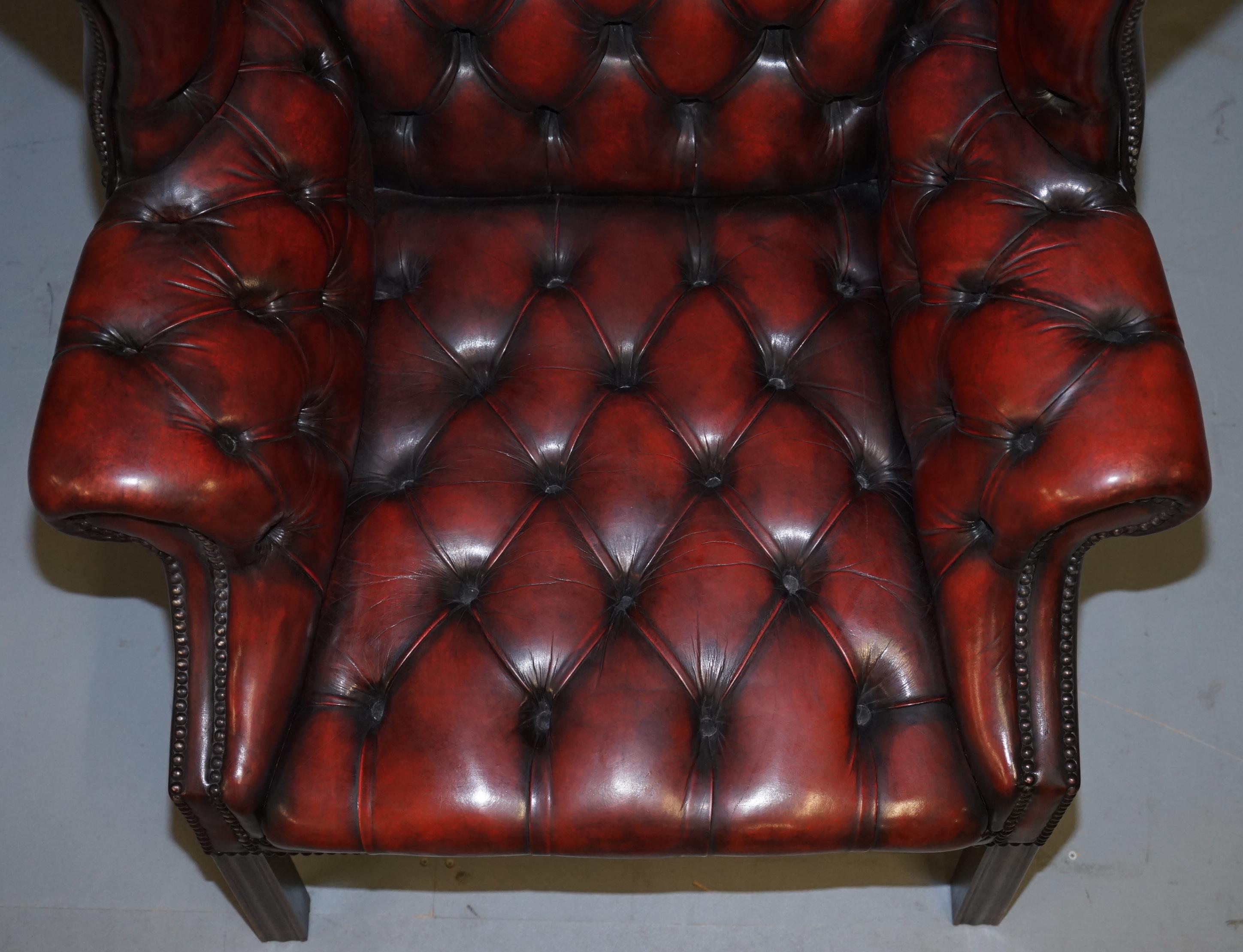 English Vintage Restored Oxblood Leather Fully Tufted Chesterfield Wingback Armchair