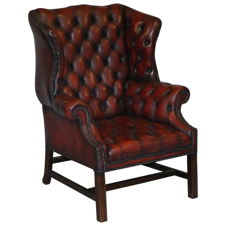 Vintage Restored Oxblood Leather Fully Tufted Chesterfield Wingback Armchair  For Sale at 1stDibs