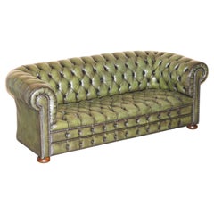 ViNTAGE RESTORED REGENCY GREEN LEATHER CIRCA 1950'S CHESTERFIELD TUFTED SOFA