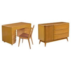 Vintage Restored Solid Maple Heywood Wakefield Tambour Credenza Desk & Chair