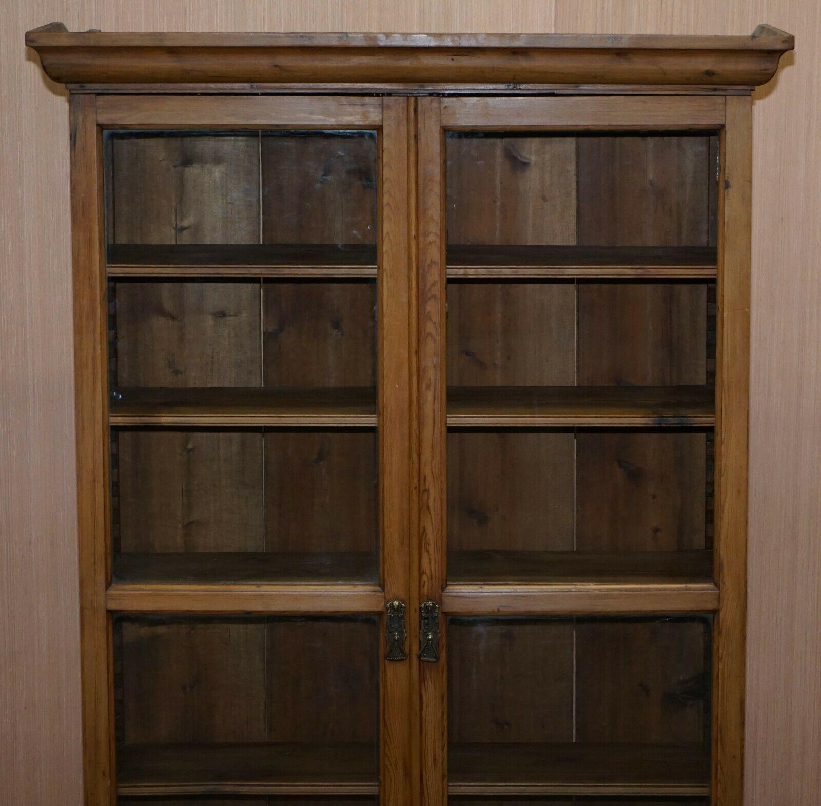Country Vintage Restored Solid Pine Glass Doored Library Bookcase Also Hanging Cabinet