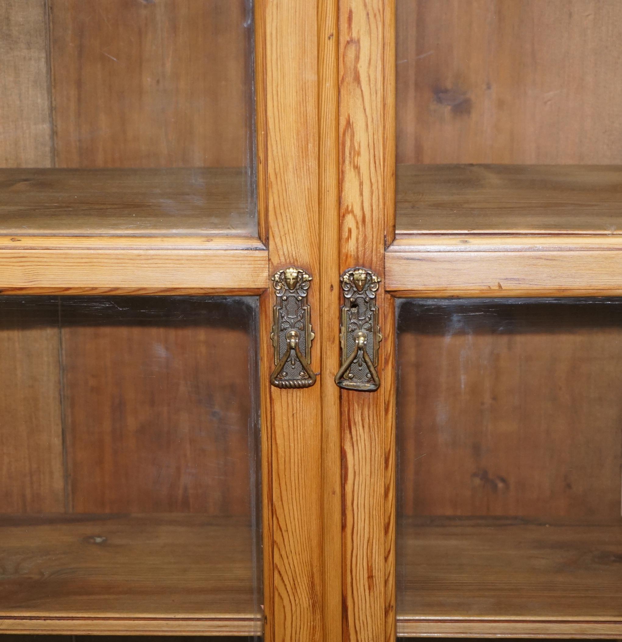 English Vintage Restored Solid Pine Glass Doored Library Bookcase Also Hanging Cabinet