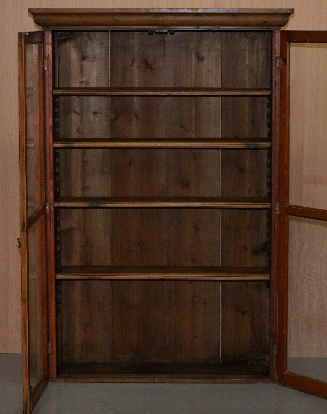 Mid-20th Century Vintage Restored Solid Pine Glass Doored Library Bookcase Also Hanging Cabinet