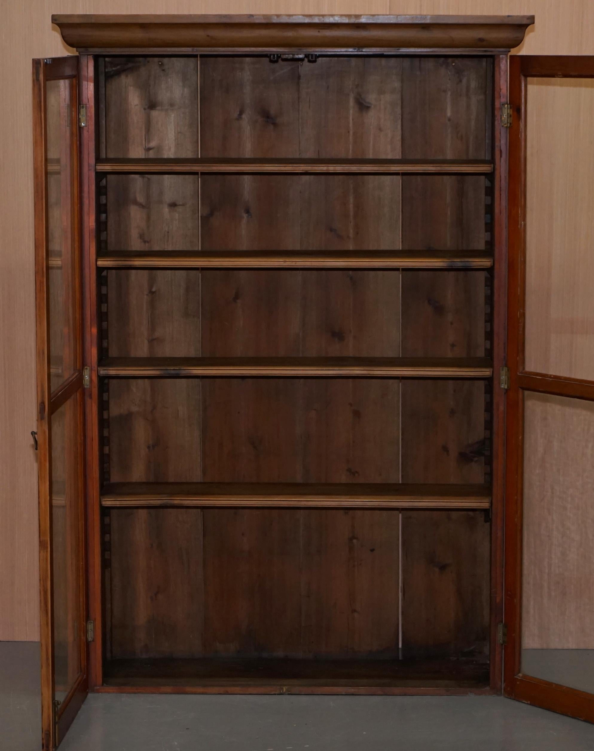 Hand-Crafted Vintage Restored Solid Pine Glass Doored Library Bookcase Also Hanging Cabinet