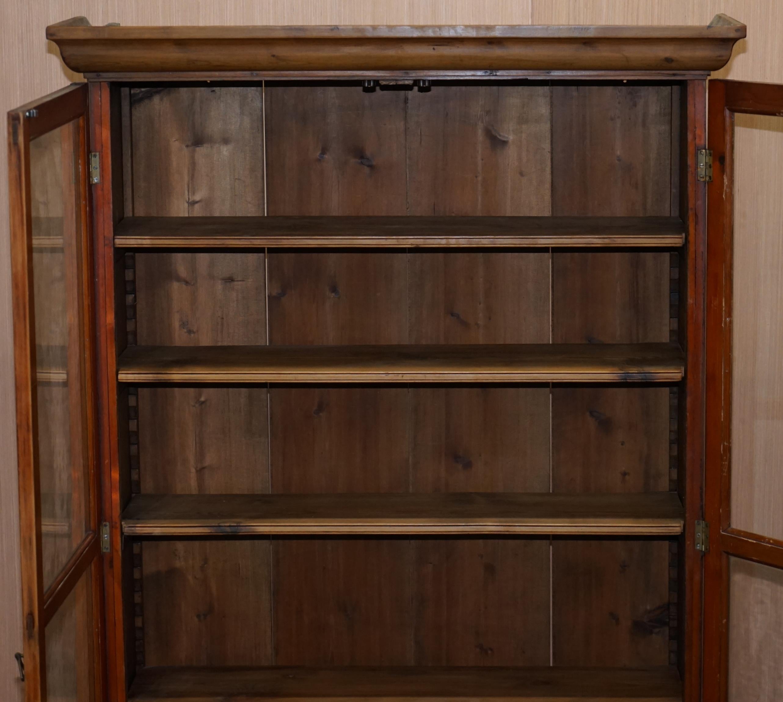 Mid-20th Century Vintage Restored Solid Pine Glass Doored Library Bookcase Also Hanging Cabinet