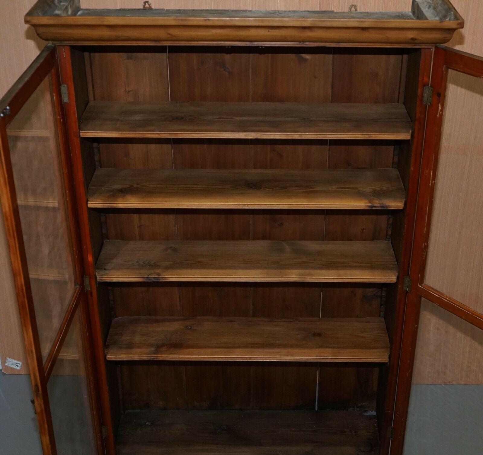 Vintage Restored Solid Pine Glass Doored Library Bookcase Also Hanging Cabinet 2
