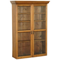 Vintage Restored Solid Pine Glass Doored Library Bookcase Also Hanging Cabinet