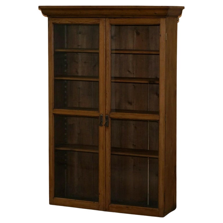 Vintage Red Solid Pine Glass, 48 Inch Wide Bookcase With Glass Doors