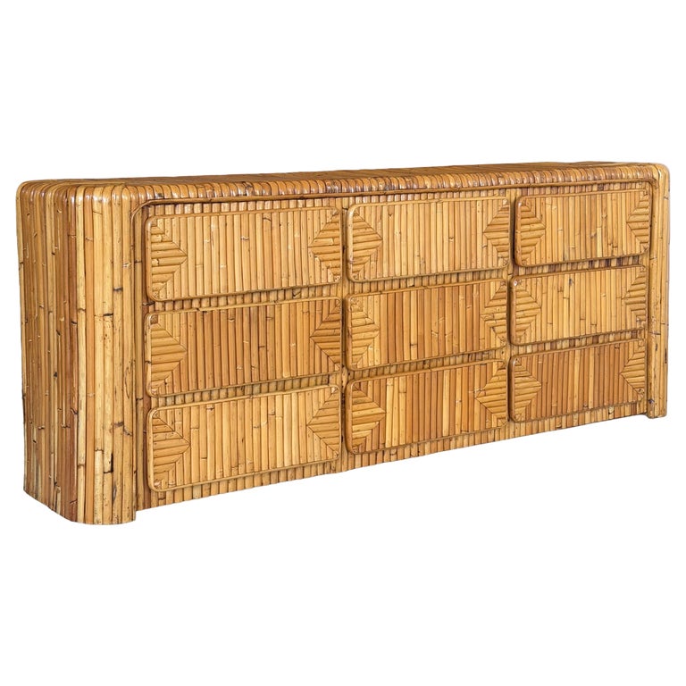 vintage rattan dresser Bamboo Chest of Drawers | Tortoise Finish featuring handwoven natural rattan details and elegant gold handles Vintage Restored Waterfall Split Rattan