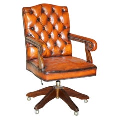 Vintage Restored Whisky Brown Leather Oak Framed Captains Directors Armchair