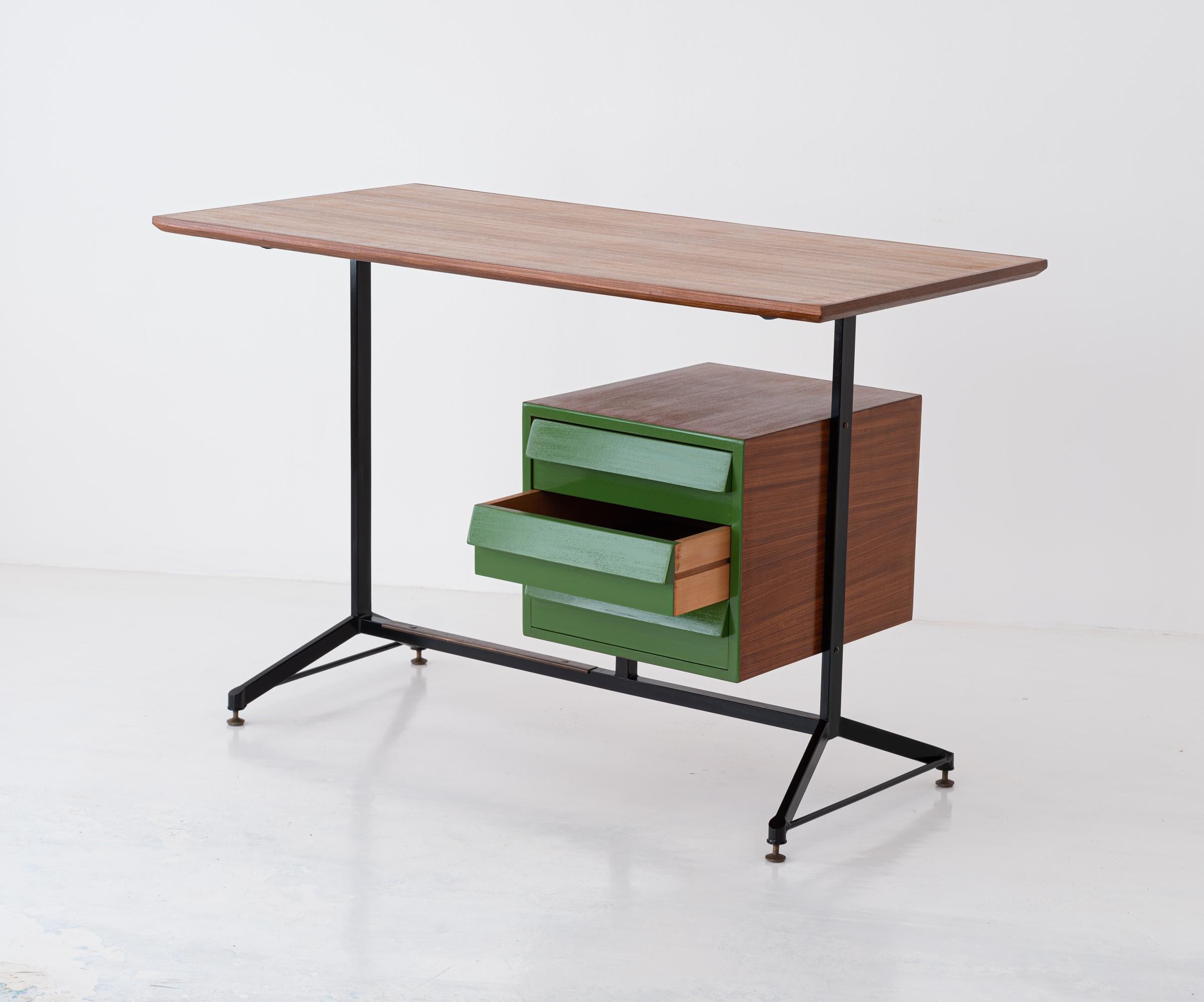 Vintage Restyled and Restored Italian Desk Table in Teak and Iron, 1950s 5
